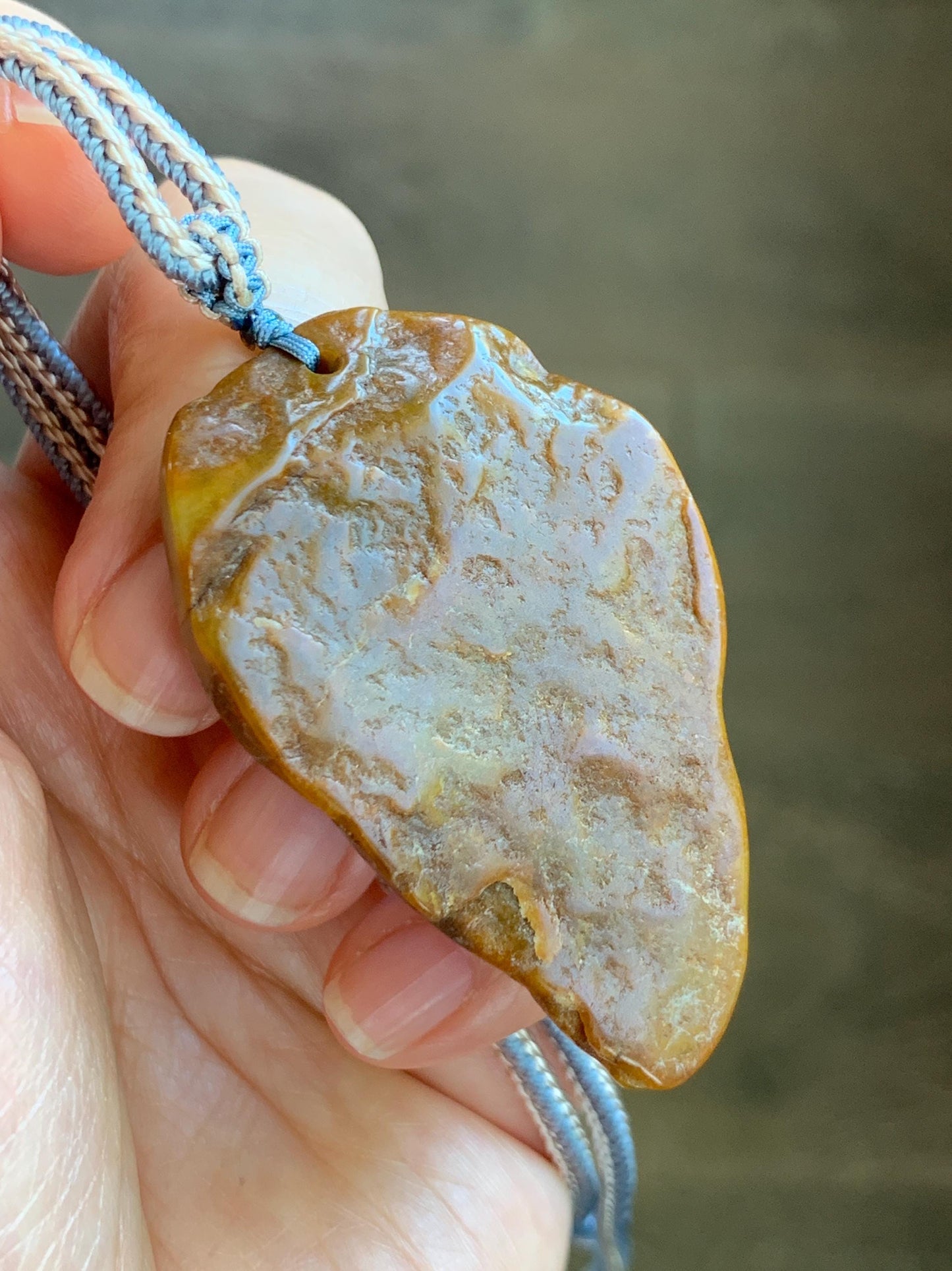 Natural Grade A Guatemalan Yellow Jade Jadeite w/ Brown Rind Carved Cicada Teardrop Pendant Rope Necklace 27" 33g 天然危黄翡翠知了蝉皮壳料吊坠 WHP368B
