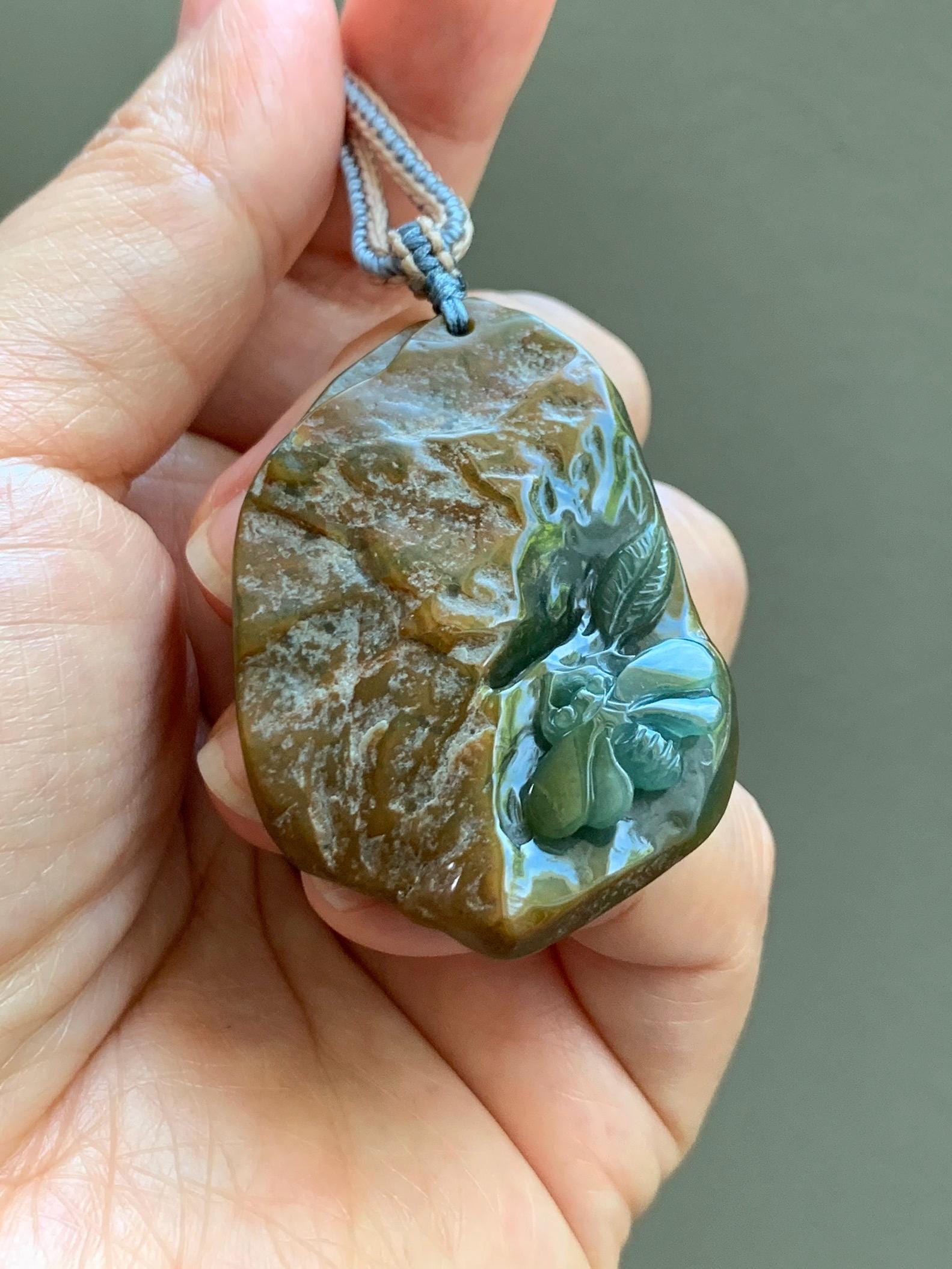 Natural Grade A Guatemalan Icy Dark Blue Jade Jadeite w/ Brown Rind Carved Honey Bee Pendant Rope Necklace 27" 22g 天然危黄翡翠蜜蜂皮壳料吊坠 WHP368A