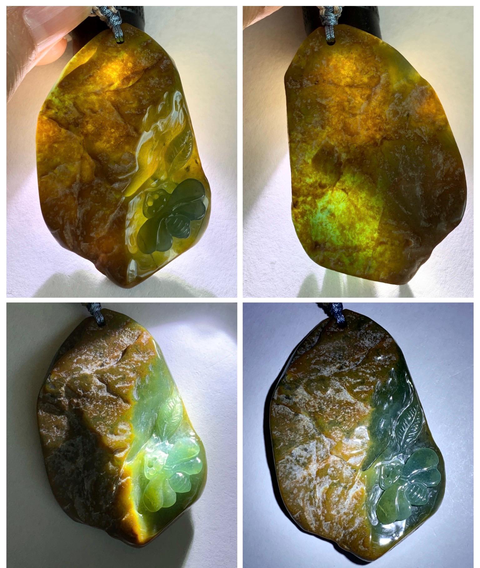 Natural Grade A Guatemalan Icy Dark Blue Jade Jadeite w/ Brown Rind Carved Honey Bee Pendant Rope Necklace 27" 22g 天然危黄翡翠蜜蜂皮壳料吊坠 WHP368A