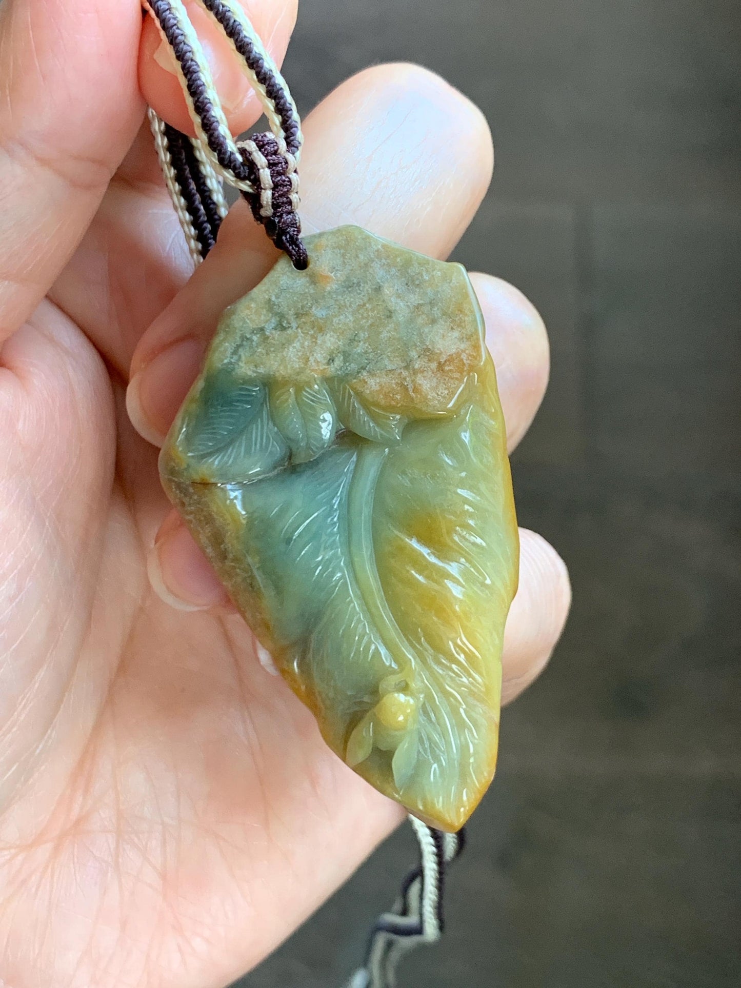Natural Grade A Guatemalan Yellow & Blue Jade Jadeite w/ Brown Rind Carved Cicada Teardrop Pendant Rope Necklace 27" 天然危黄蓝翡翠知了蝉皮壳料吊坠 WHC108
