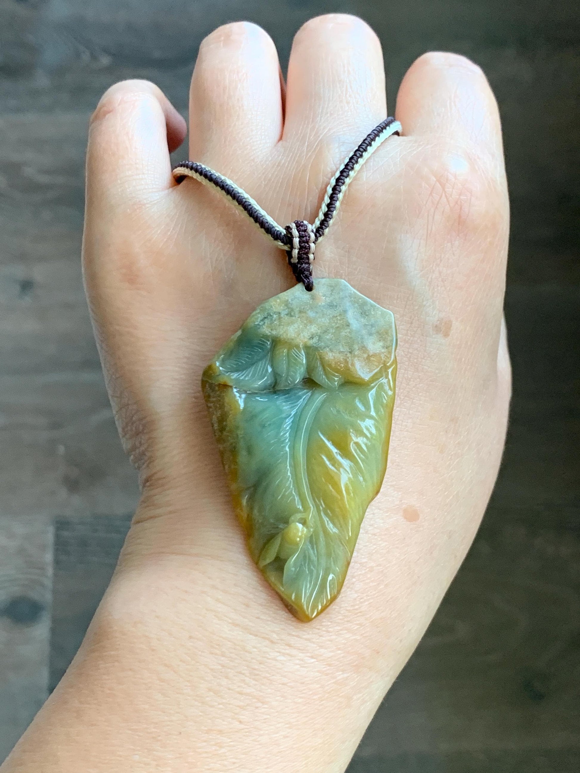 Natural Grade A Guatemalan Yellow & Blue Jade Jadeite w/ Brown Rind Carved Cicada Teardrop Pendant Rope Necklace 27" 天然危黄蓝翡翠知了蝉皮壳料吊坠 WHC108