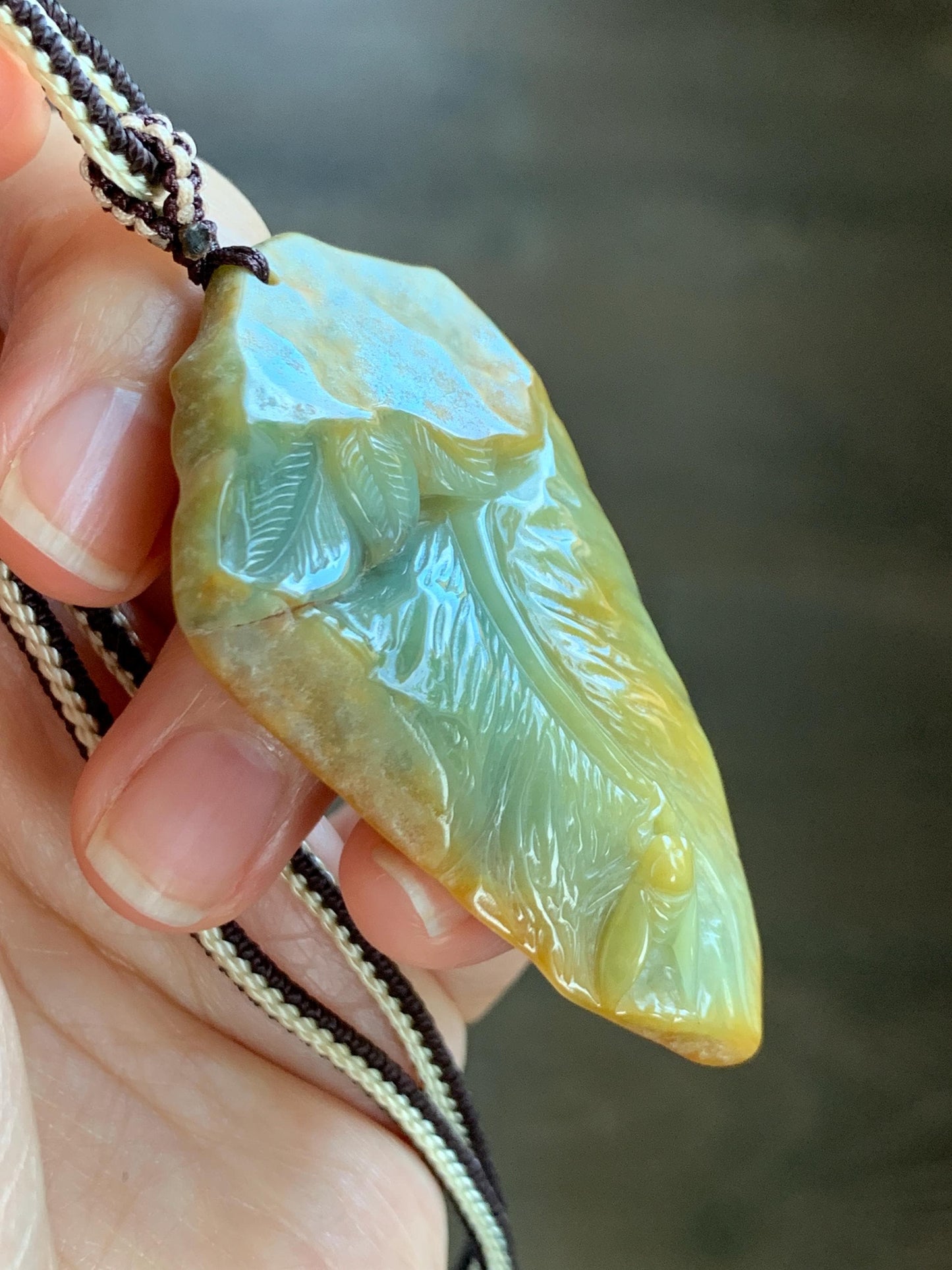 Natural Grade A Guatemalan Yellow & Blue Jade Jadeite w/ Brown Rind Carved Cicada Teardrop Pendant Rope Necklace 27" 天然危黄蓝翡翠知了蝉皮壳料吊坠 WHC108
