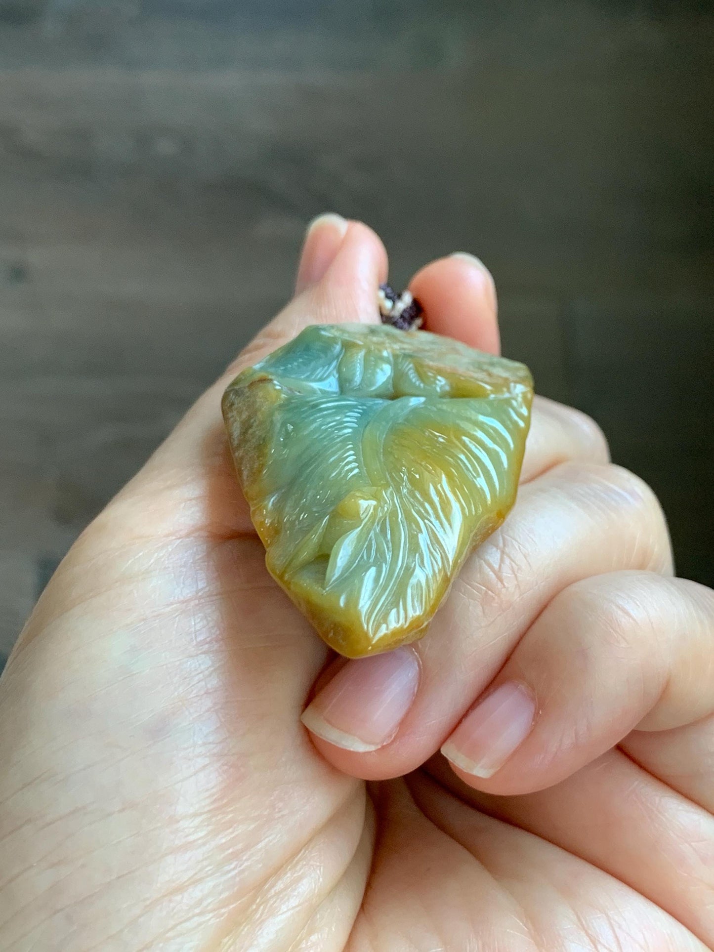 Natural Grade A Guatemalan Yellow & Blue Jade Jadeite w/ Brown Rind Carved Cicada Teardrop Pendant Rope Necklace 27" 天然危黄蓝翡翠知了蝉皮壳料吊坠 WHC108