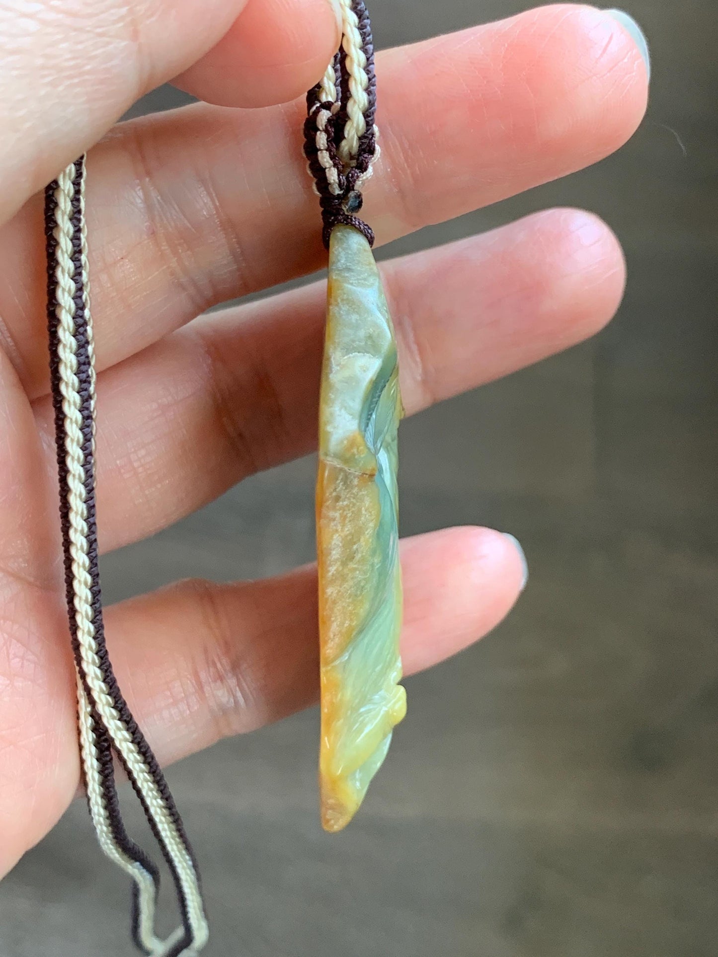 Natural Grade A Guatemalan Yellow & Blue Jade Jadeite w/ Brown Rind Carved Cicada Teardrop Pendant Rope Necklace 27" 天然危黄蓝翡翠知了蝉皮壳料吊坠 WHC108