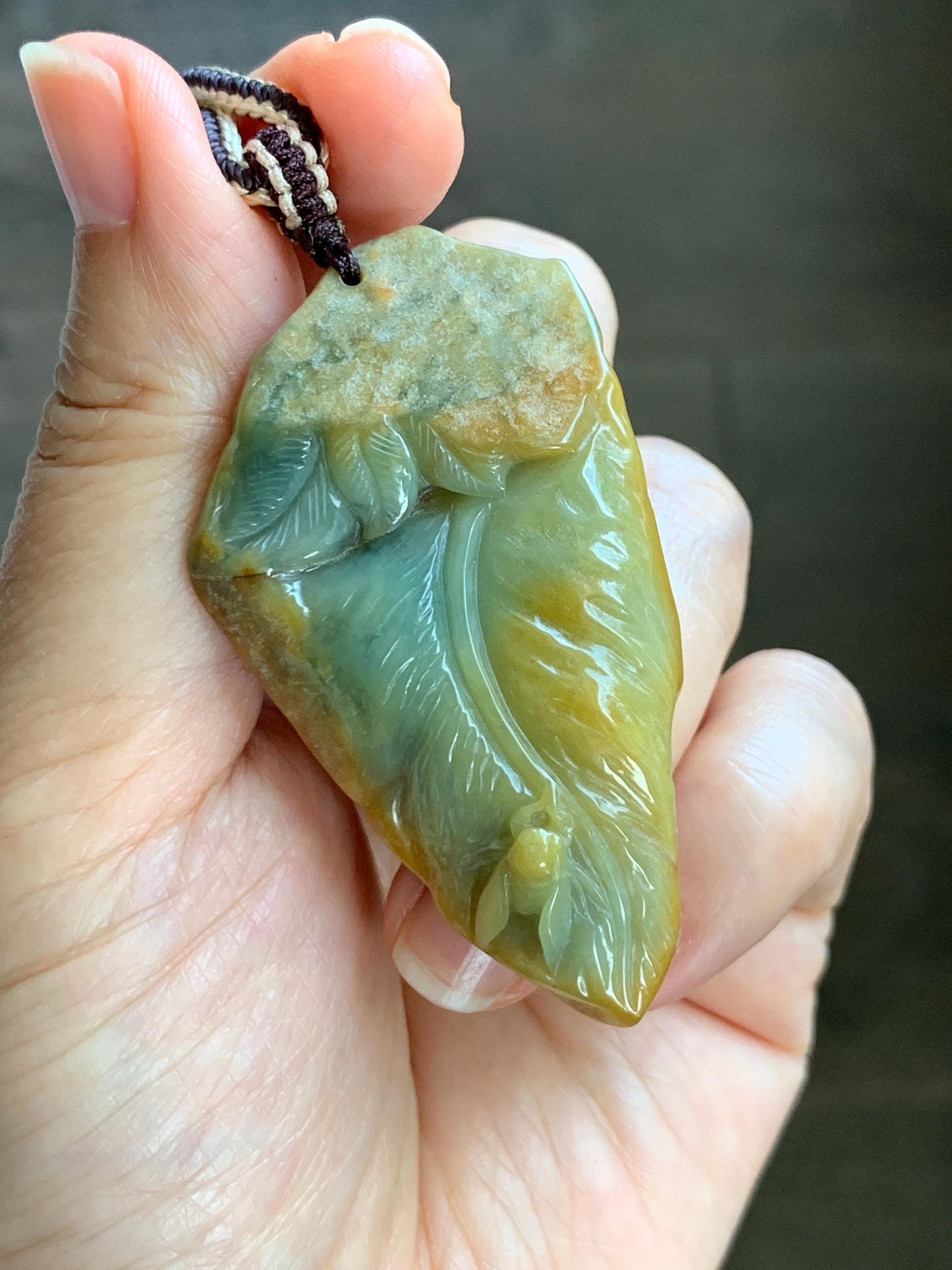 Natural Grade A Guatemalan Yellow & Blue Jade Jadeite w/ Brown Rind Carved Cicada Teardrop Pendant Rope Necklace 27" 天然危黄蓝翡翠知了蝉皮壳料吊坠 WHC108