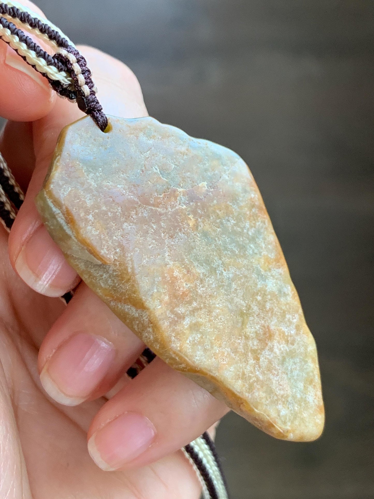 Natural Grade A Guatemalan Yellow & Blue Jade Jadeite w/ Brown Rind Carved Cicada Teardrop Pendant Rope Necklace 27" 天然危黄蓝翡翠知了蝉皮壳料吊坠 WHC108