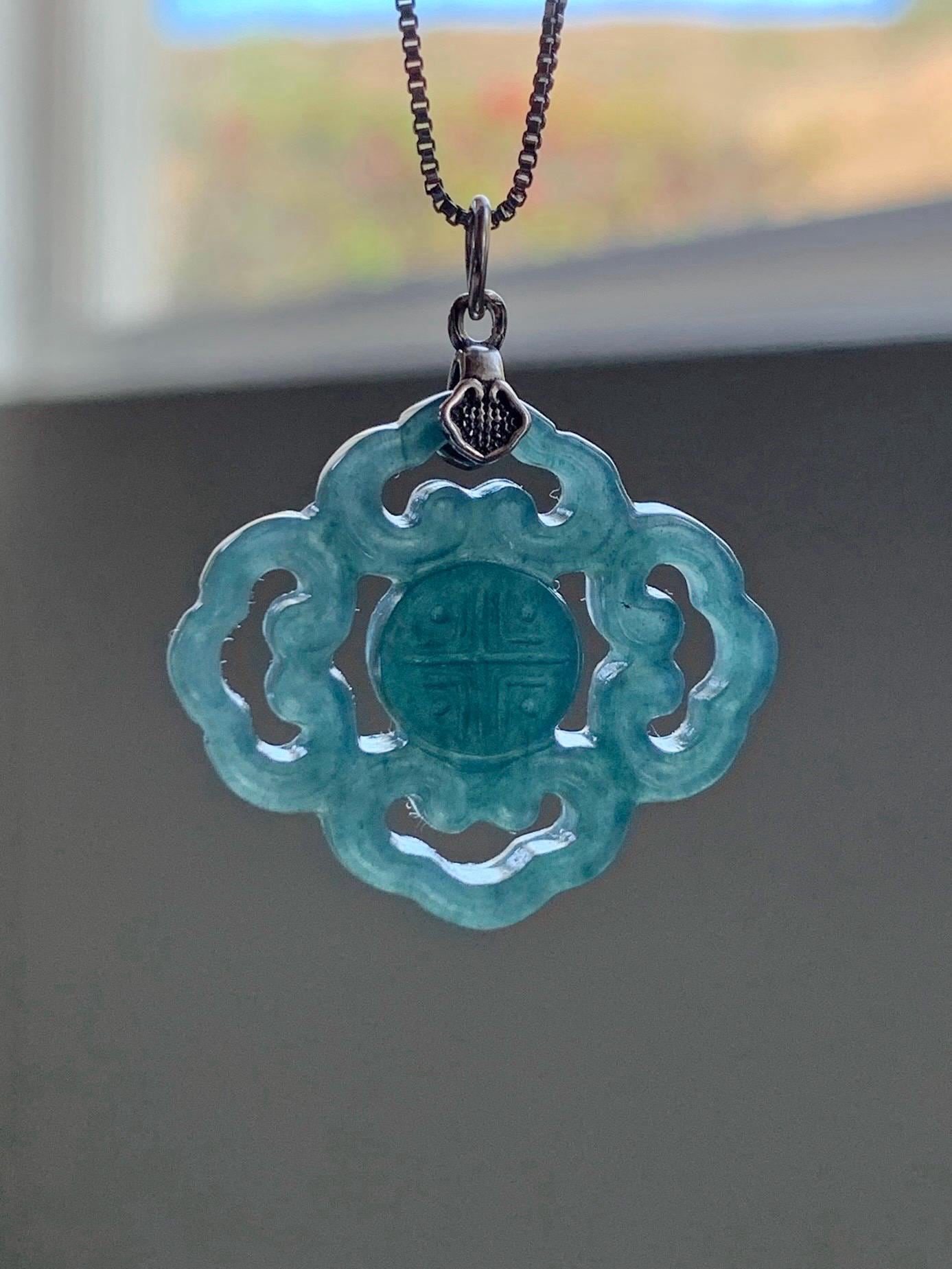 Natural Guatemalan Grade A Icy Translucent Dark Teal Blue Openwork Engraved Jade Jadeite Pendant Sterling Silver 4g 天然冰危深蓝翡翠镂空雕吊坠 WFG66B