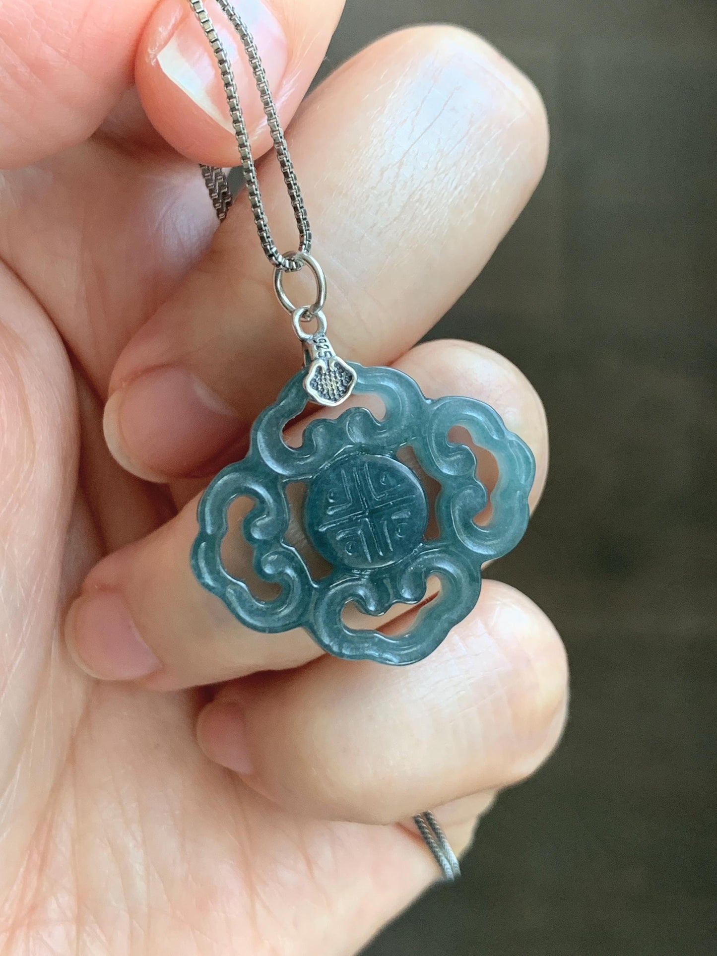 Natural Guatemalan Grade A Icy Translucent Dark Teal Blue Openwork Engraved Jade Jadeite Pendant Sterling Silver 4g 天然冰危深蓝翡翠镂空雕吊坠 WFG66B