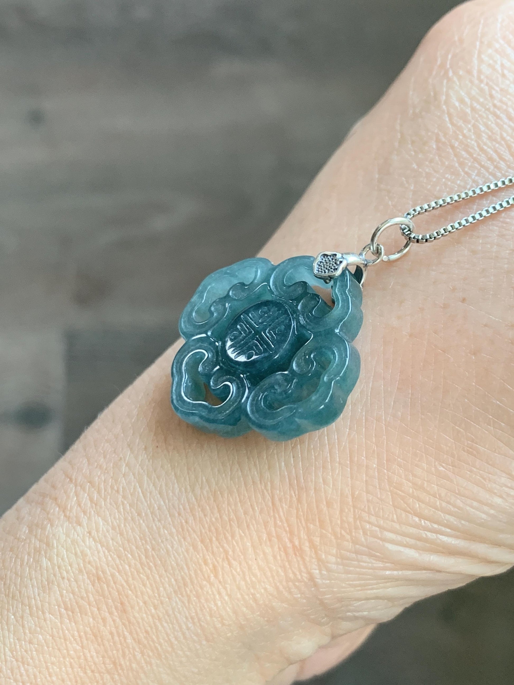 Natural Guatemalan Grade A Icy Translucent Dark Teal Blue Openwork Engraved Jade Jadeite Pendant Sterling Silver 4g 天然冰危深蓝翡翠镂空雕吊坠 WFG66B
