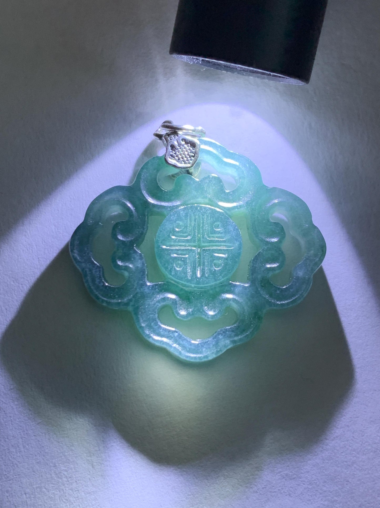 Natural Guatemalan Grade A Icy Translucent Dark Teal Blue Openwork Engraved Jade Jadeite Pendant Sterling Silver 4g 天然冰危深蓝翡翠镂空雕吊坠 WFG66B