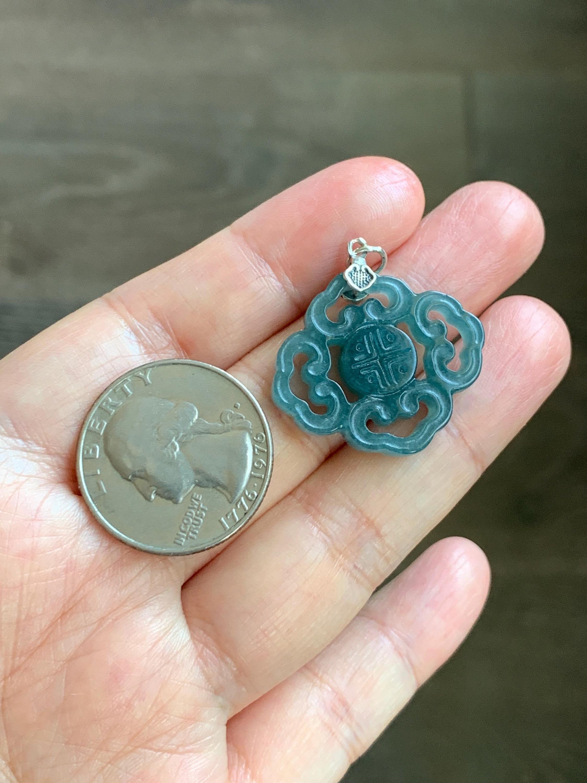 Natural Guatemalan Grade A Icy Translucent Dark Teal Blue Openwork Engraved Jade Jadeite Pendant Sterling Silver 4g 天然冰危深蓝翡翠镂空雕吊坠 WFG66B