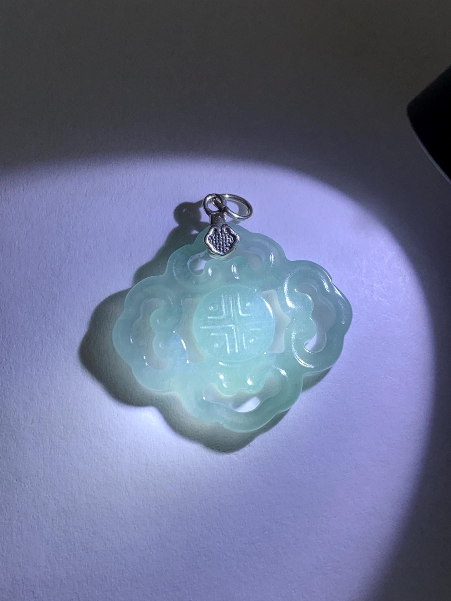 Natural Guatemalan Grade A Icy Translucent Light Dusty Blue Openwork Engraved Jade Jadeite Pendant Sterling Silver 3g 天然冰危浅蓝翡翠镂空雕吊坠 WFG66A