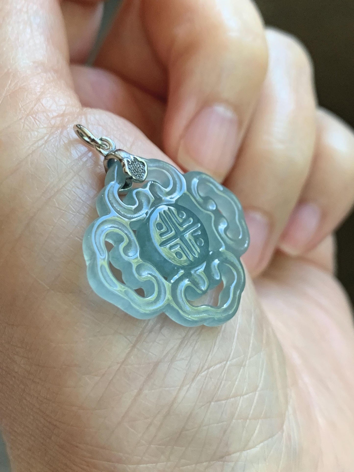 Natural Guatemalan Grade A Icy Translucent Light Dusty Blue Openwork Engraved Jade Jadeite Pendant Sterling Silver 3g 天然冰危浅蓝翡翠镂空雕吊坠 WFG66A