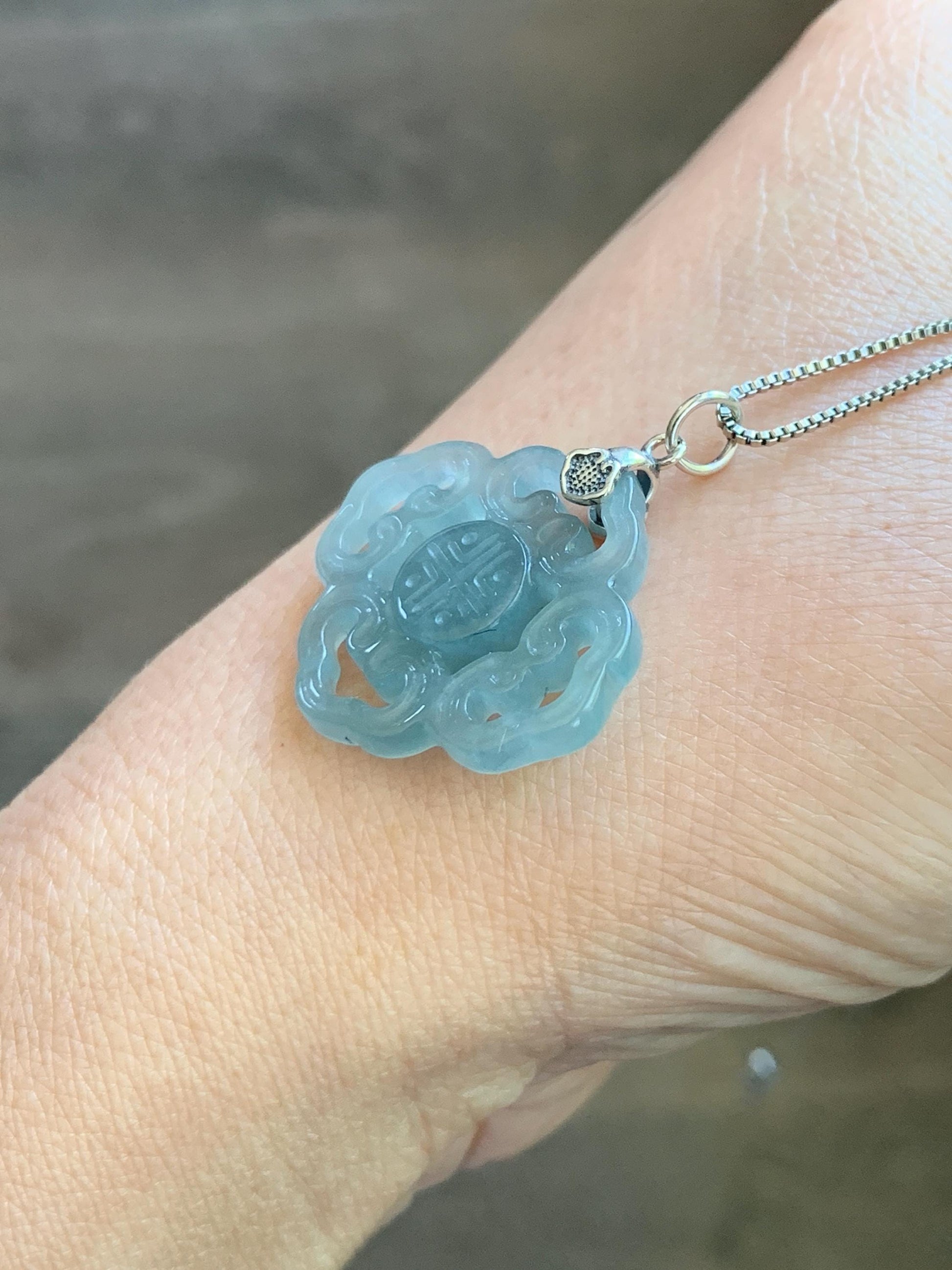 Natural Guatemalan Grade A Icy Translucent Light Dusty Blue Openwork Engraved Jade Jadeite Pendant Sterling Silver 3g 天然冰危浅蓝翡翠镂空雕吊坠 WFG66A