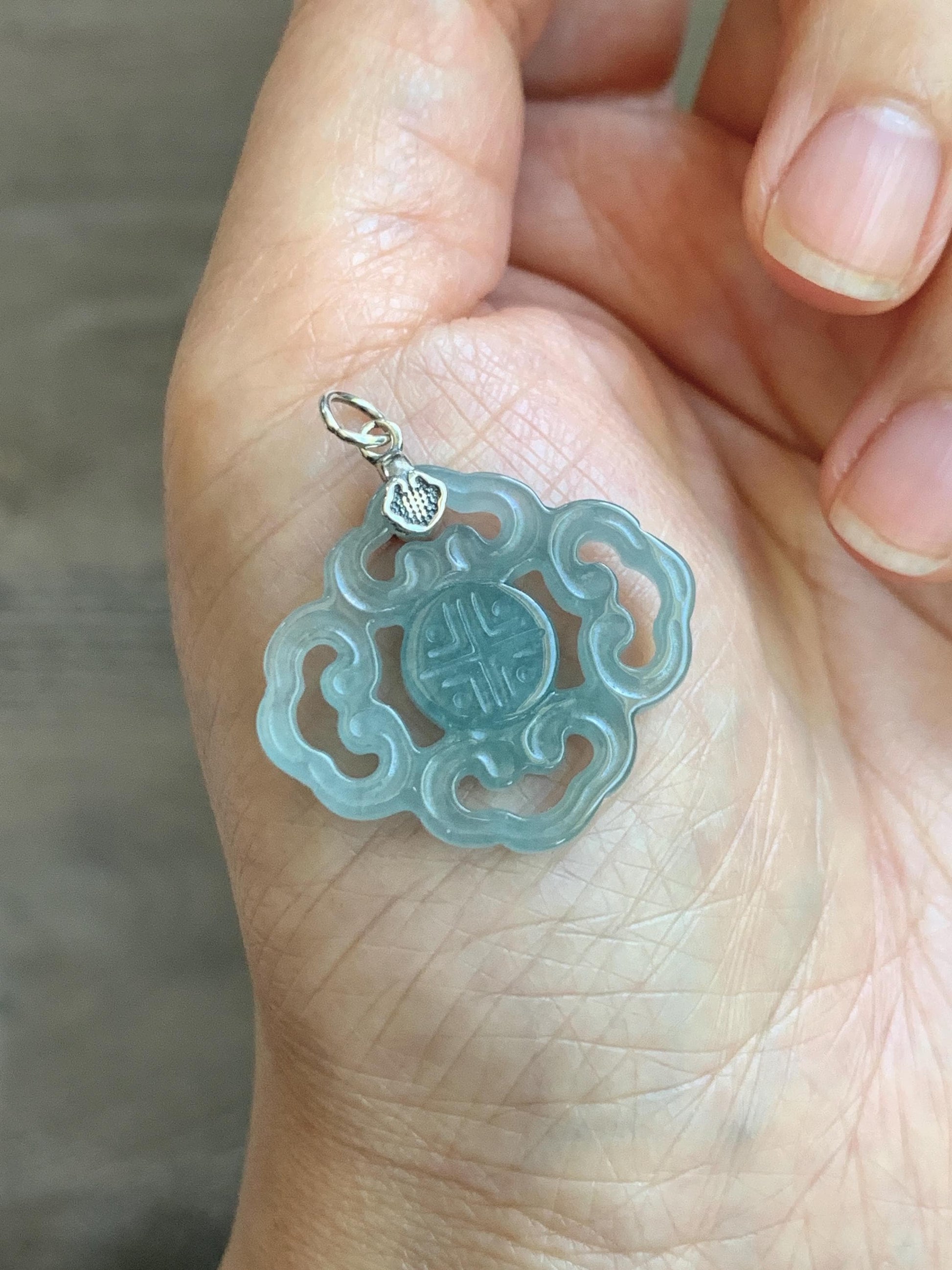 Natural Guatemalan Grade A Icy Translucent Light Dusty Blue Openwork Engraved Jade Jadeite Pendant Sterling Silver 3g 天然冰危浅蓝翡翠镂空雕吊坠 WFG66A