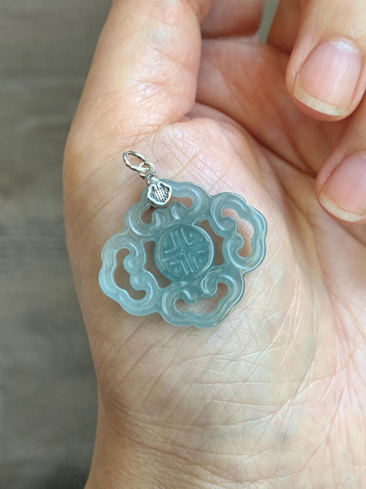 Natural Guatemalan Grade A Icy Translucent Light Dusty Blue Openwork Engraved Jade Jadeite Pendant Sterling Silver 3g 天然冰危浅蓝翡翠镂空雕吊坠 WFG66A