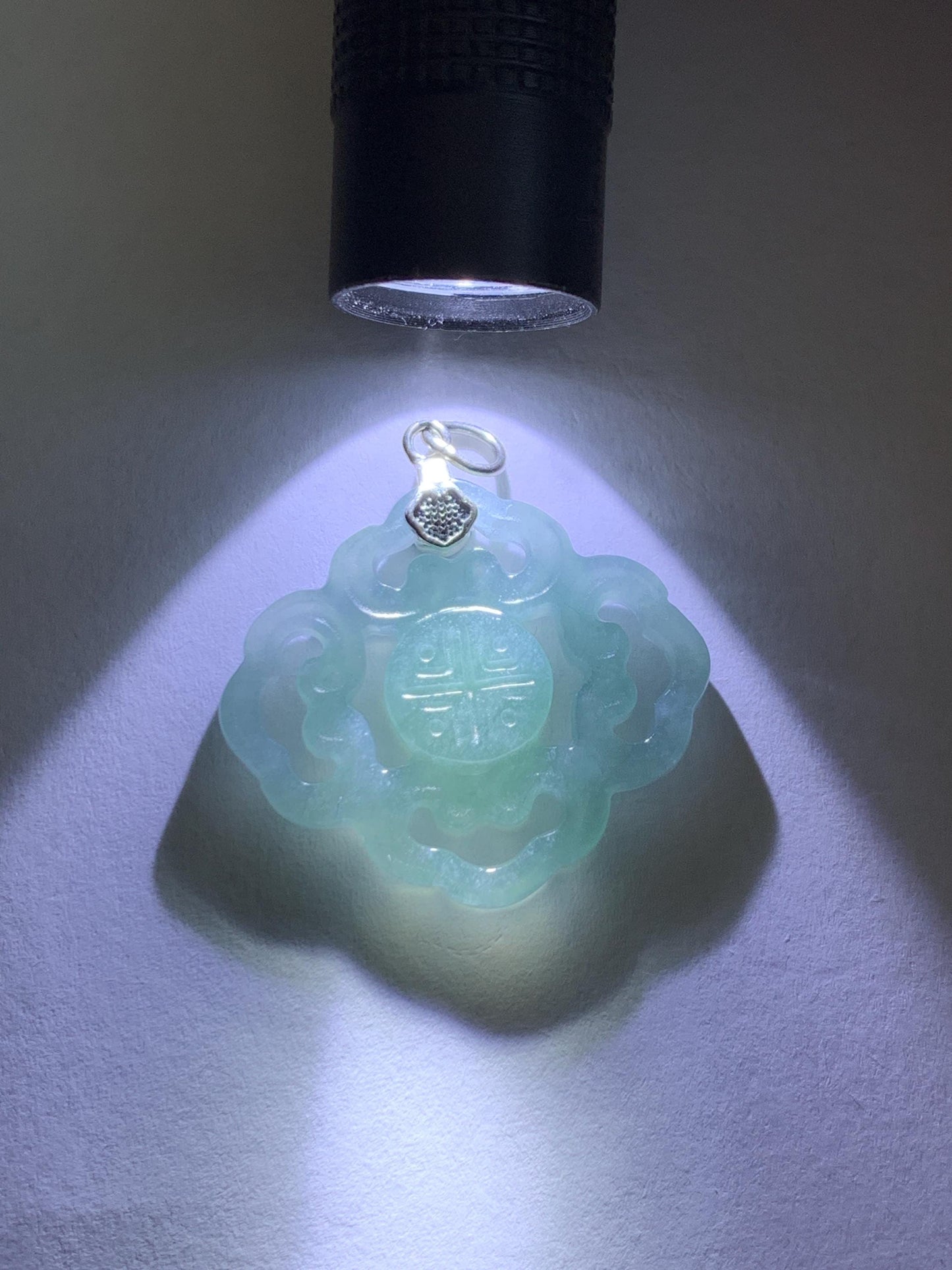 Natural Guatemalan Grade A Icy Translucent Light Dusty Blue Openwork Engraved Jade Jadeite Pendant Sterling Silver 3g 天然冰危浅蓝翡翠镂空雕吊坠 WFG66A
