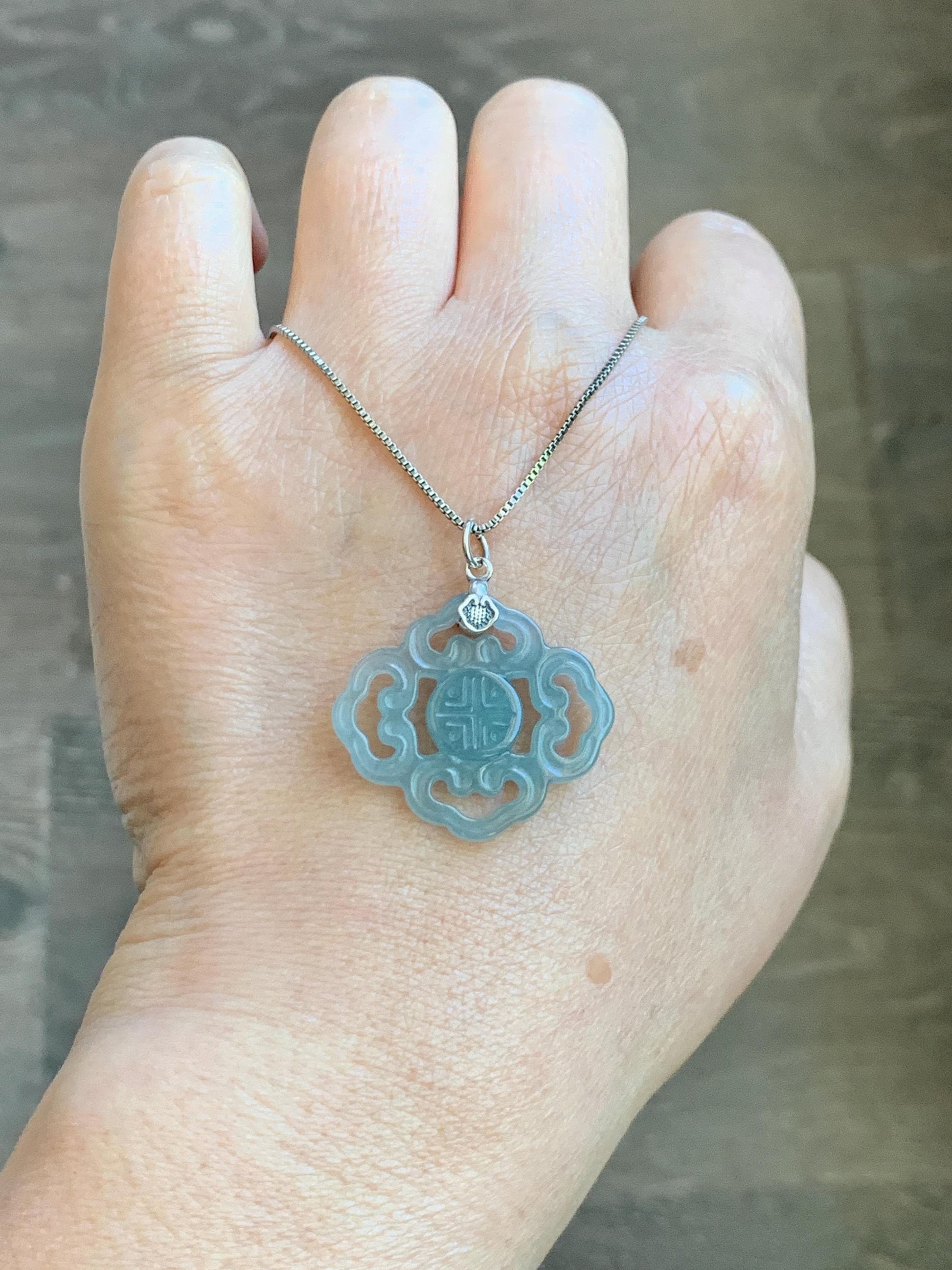 Natural Guatemalan Grade A Icy Translucent Light Dusty Blue Openwork Engraved Jade Jadeite Pendant Sterling Silver 3g 天然冰危浅蓝翡翠镂空雕吊坠 WFG66A