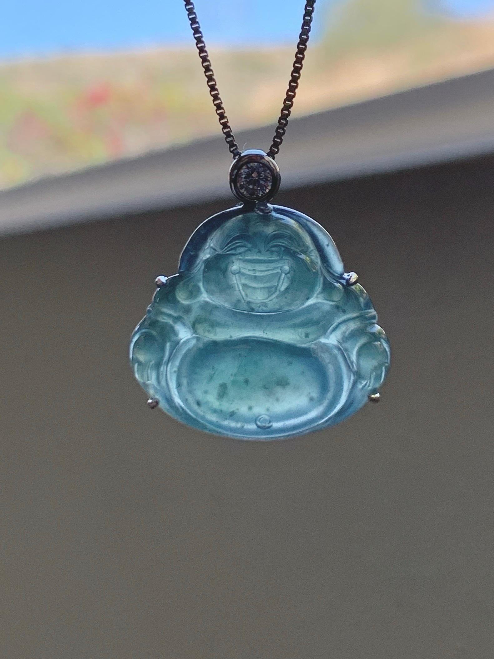 Natural Grade A Guatemalan Icy Highly Translucent Dark Dusty Teal Green Jade Jadeite Buddha Pendant Sterling Silver 5g 天然冰危深蓝绿翡翠佛公吊坠 WYF132