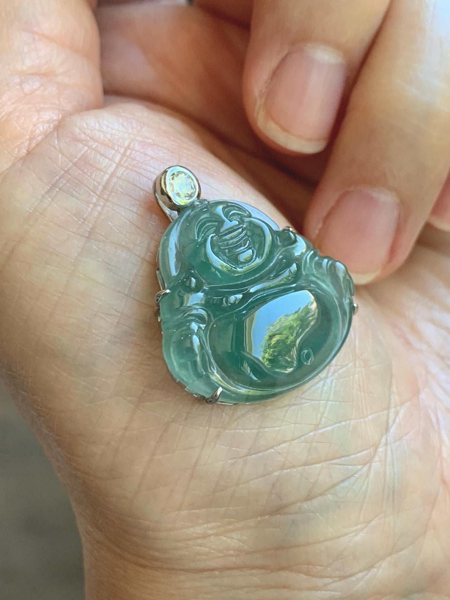 Natural Grade A Guatemalan Icy Highly Translucent Dark Dusty Teal Green Jade Jadeite Buddha Pendant Sterling Silver 5g 天然冰危深蓝绿翡翠佛公吊坠 WYF132