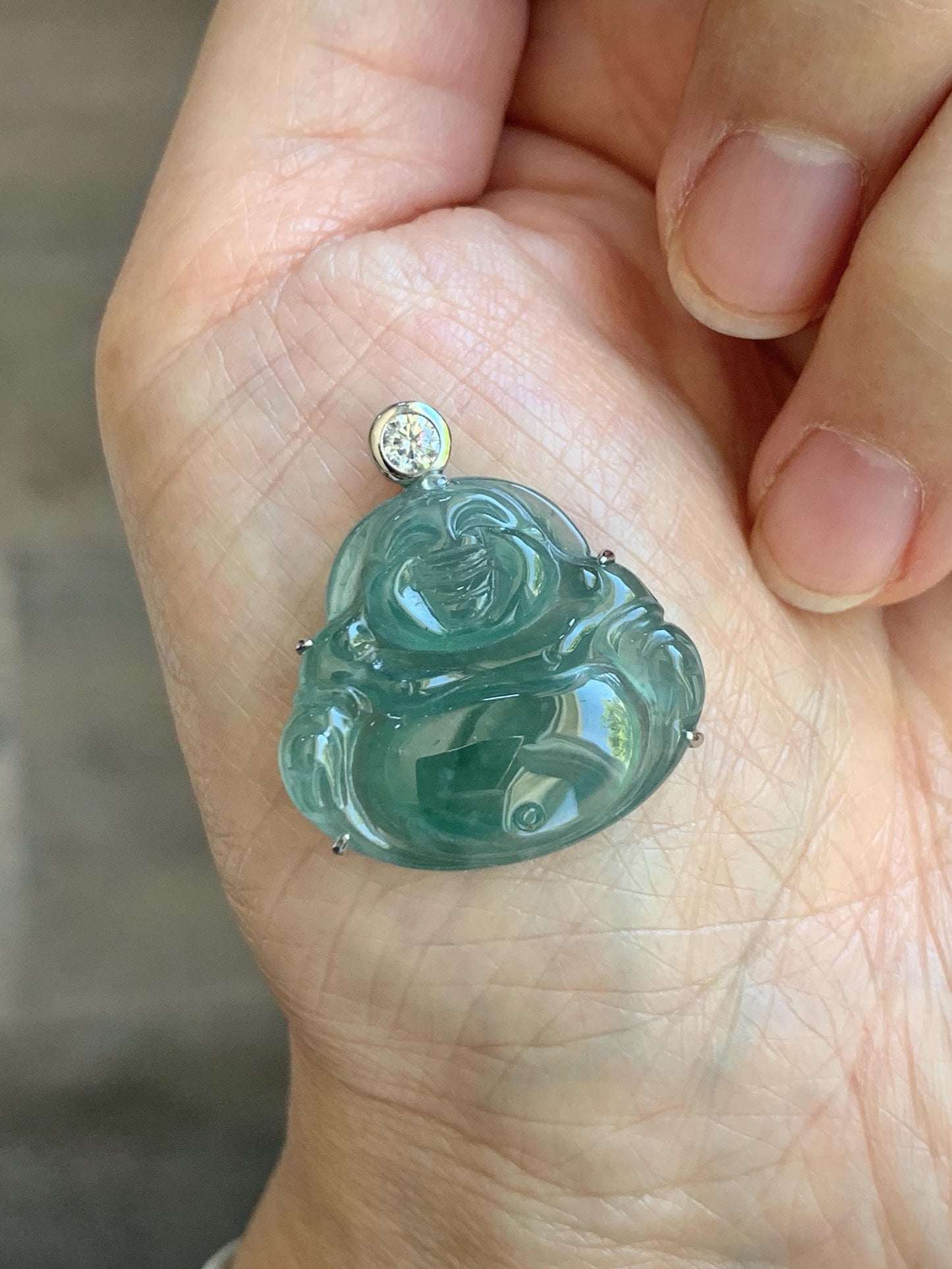 Natural Grade A Guatemalan Icy Highly Translucent Dark Dusty Teal Green Jade Jadeite Buddha Pendant Sterling Silver 5g 天然冰危深蓝绿翡翠佛公吊坠 WYF132