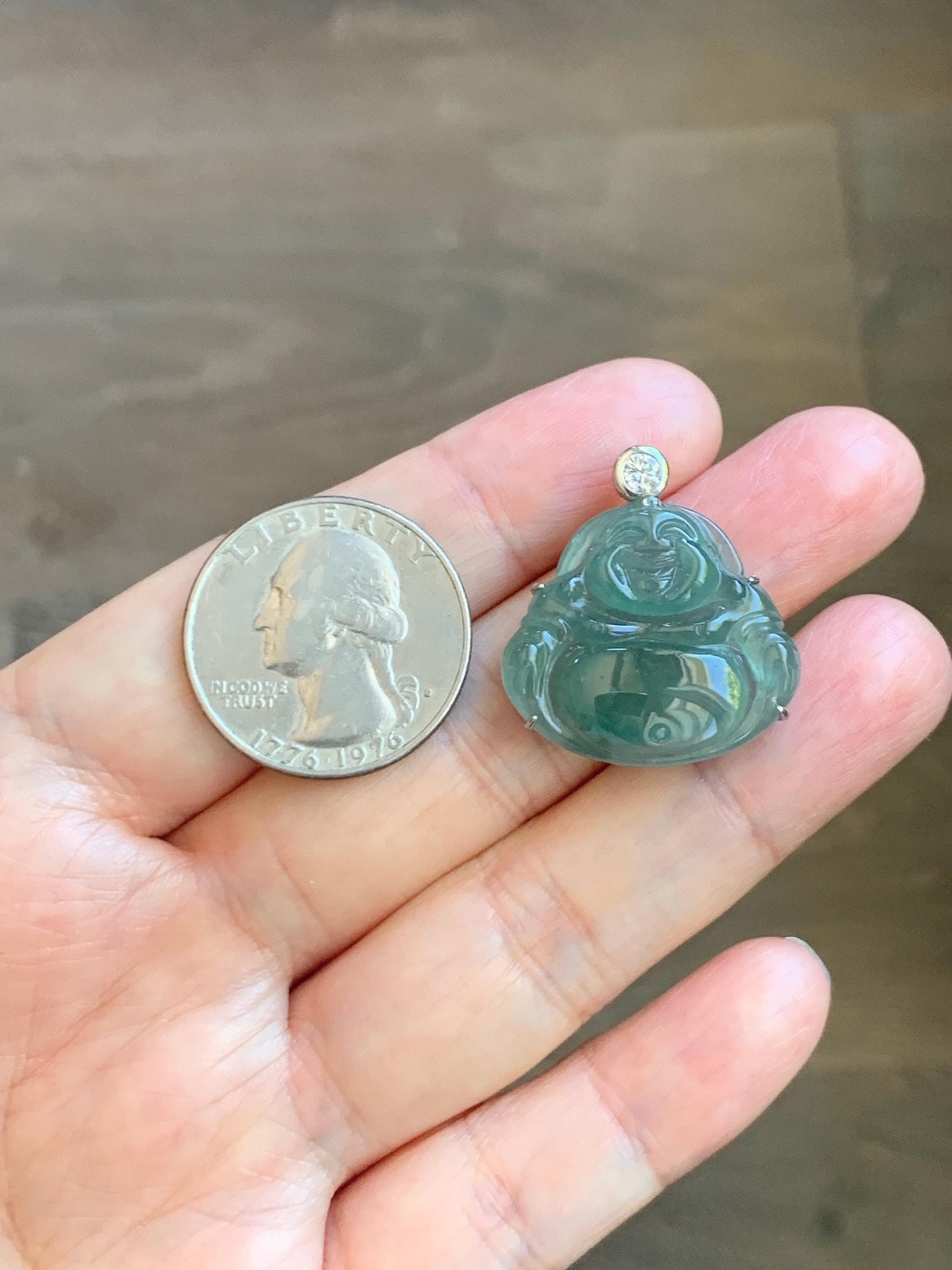 Natural Grade A Guatemalan Icy Highly Translucent Dark Dusty Teal Green Jade Jadeite Buddha Pendant Sterling Silver 5g 天然冰危深蓝绿翡翠佛公吊坠 WYF132