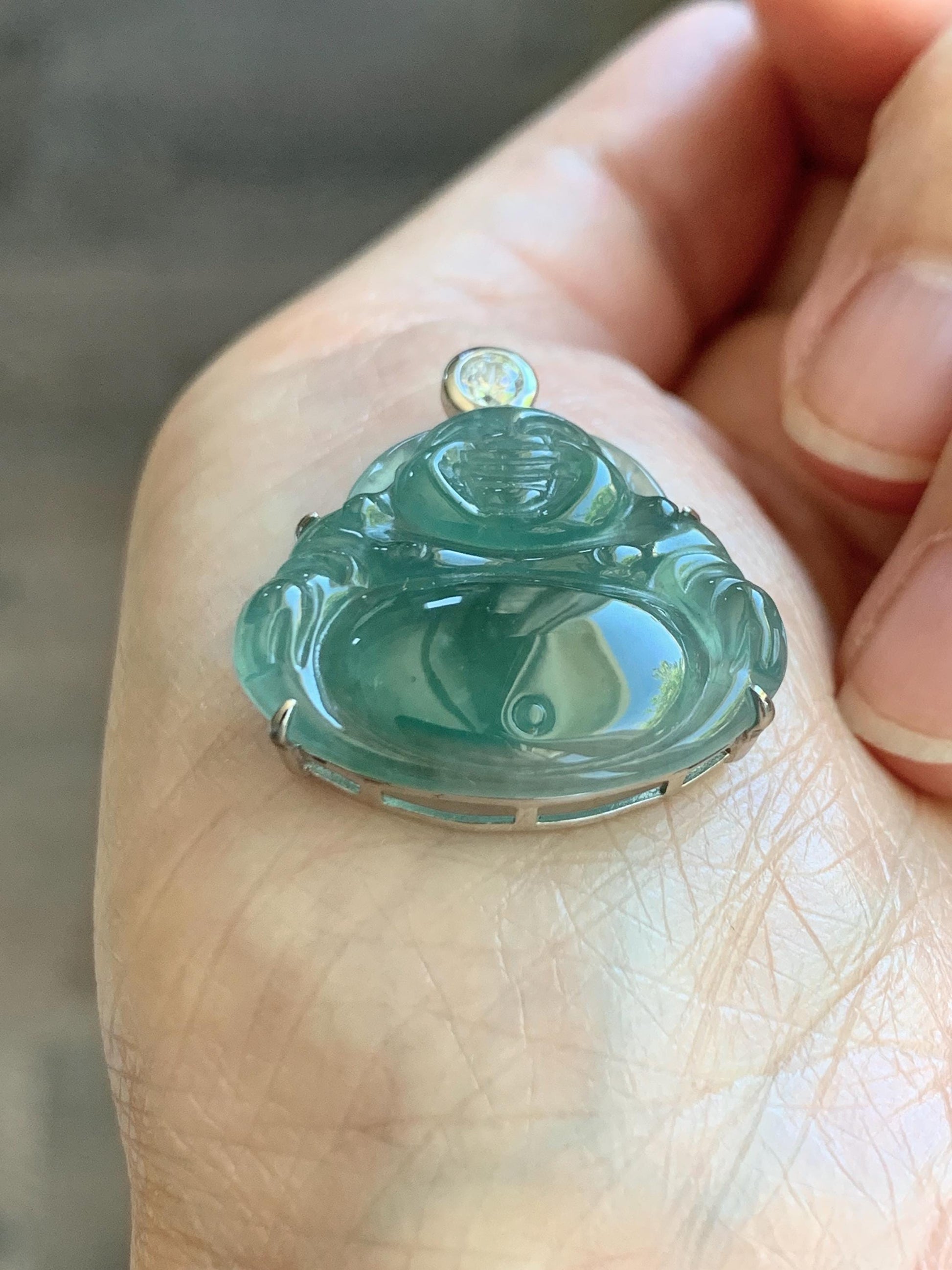 Natural Grade A Guatemalan Icy Highly Translucent Dark Dusty Teal Green Jade Jadeite Buddha Pendant Sterling Silver 5g 天然冰危深蓝绿翡翠佛公吊坠 WYF132