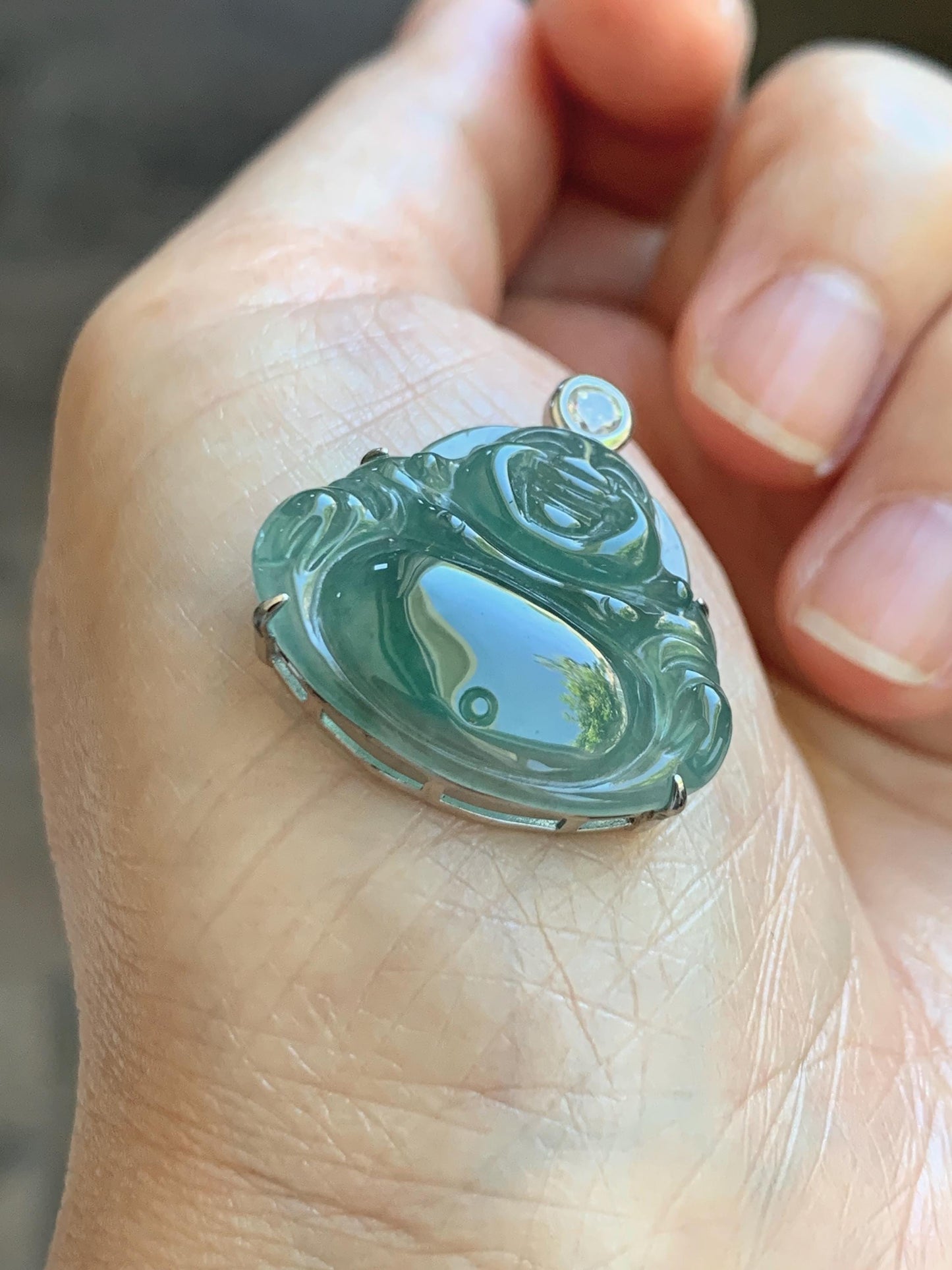 Natural Grade A Guatemalan Icy Highly Translucent Dark Dusty Teal Green Jade Jadeite Buddha Pendant Sterling Silver 5g 天然冰危深蓝绿翡翠佛公吊坠 WYF132