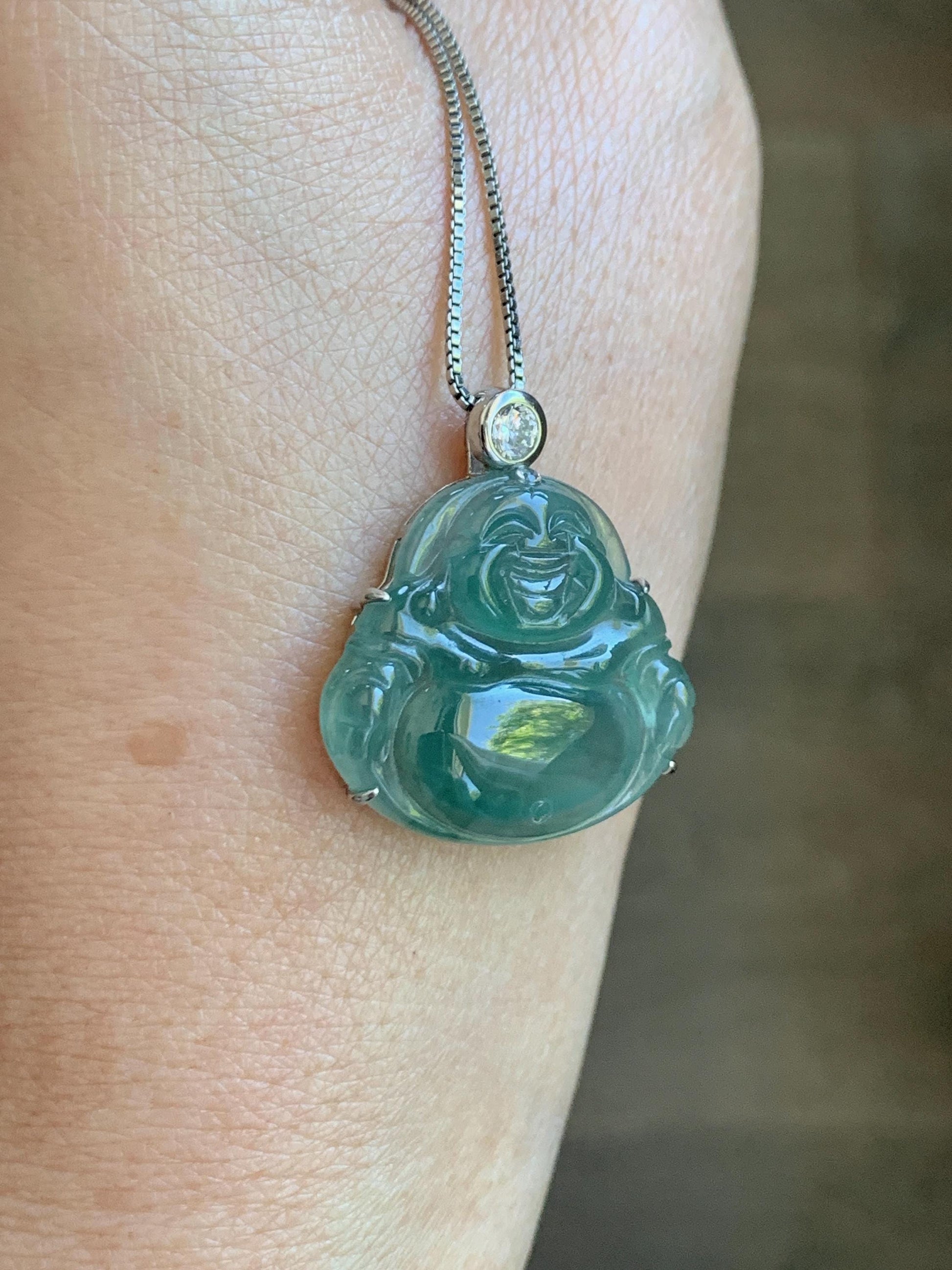 Natural Grade A Guatemalan Icy Highly Translucent Dark Dusty Teal Green Jade Jadeite Buddha Pendant Sterling Silver 5g 天然冰危深蓝绿翡翠佛公吊坠 WYF132