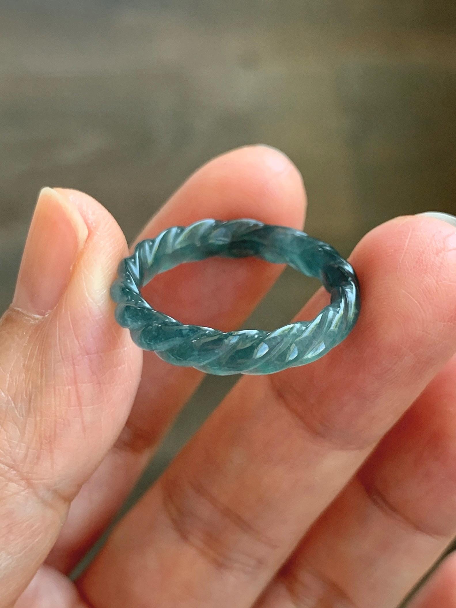 Natural Grade A Guatemalan Icy Translucent Gelatinous Dark Teal Blue Jade Jadeite Carved Braid Band Ring Size 8.5 US 天然冰胶危蓝水翡翠麻花戒圈 WMH350F