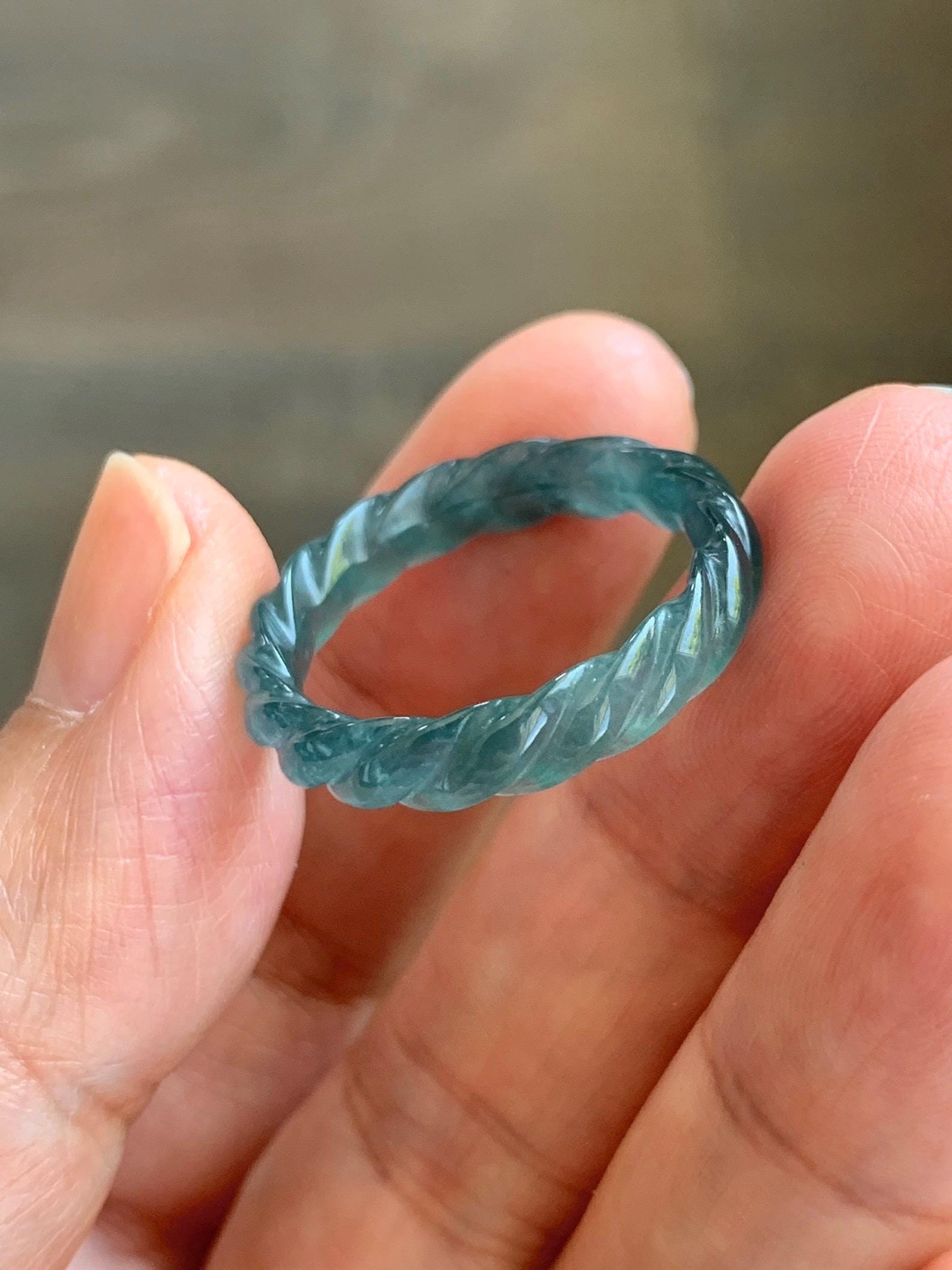 Natural Grade A Guatemalan Icy Translucent Gelatinous Dark Teal Blue Jade Jadeite Carved Braid Band Ring Size 8.5 US 天然冰胶危蓝水翡翠麻花戒圈 WMH350F