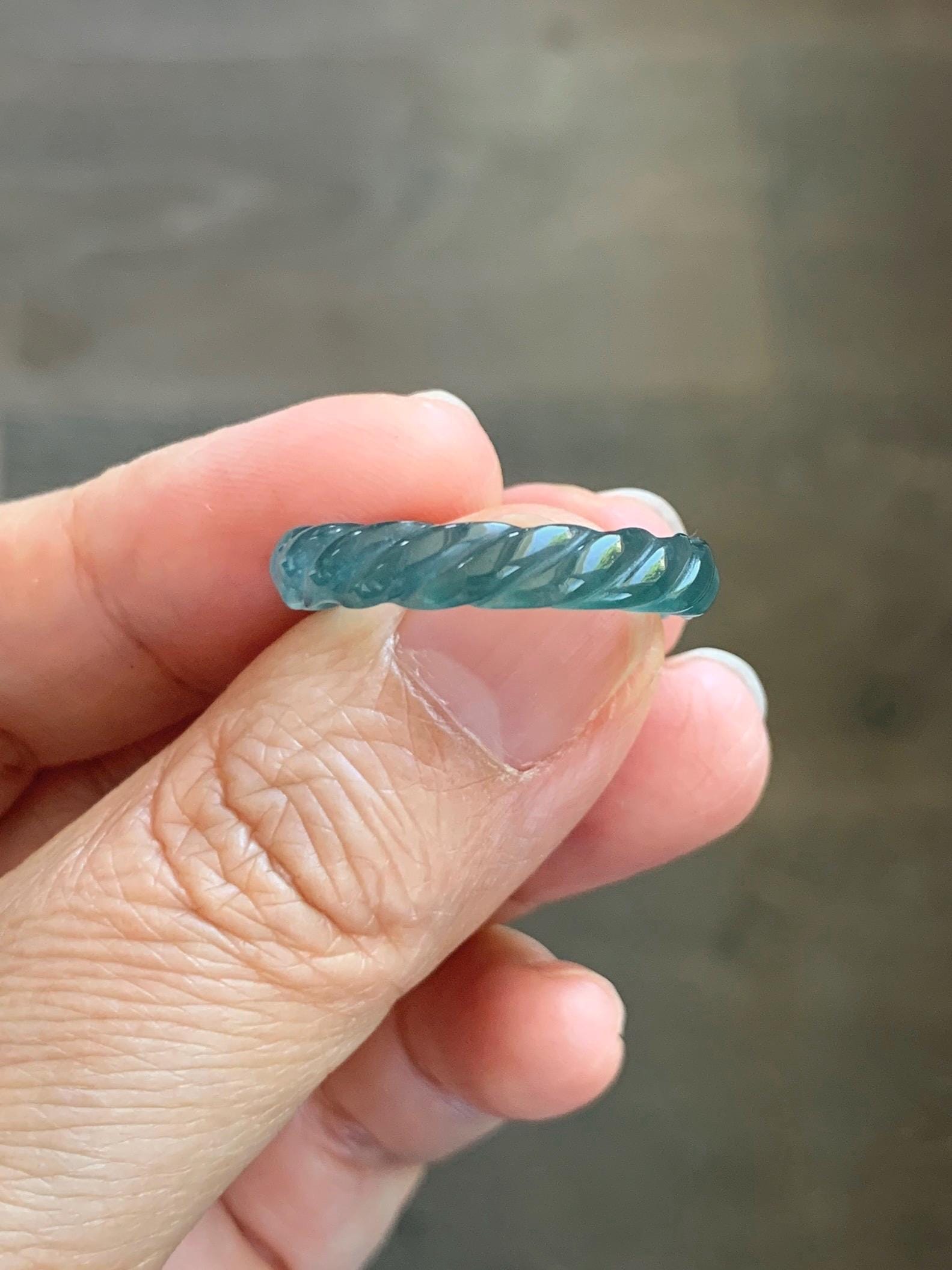 Natural Grade A Guatemalan Icy Translucent Gelatinous Dark Teal Blue Jade Jadeite Carved Braid Band Ring Size 8.5 US 天然冰胶危蓝水翡翠麻花戒圈 WMH350F