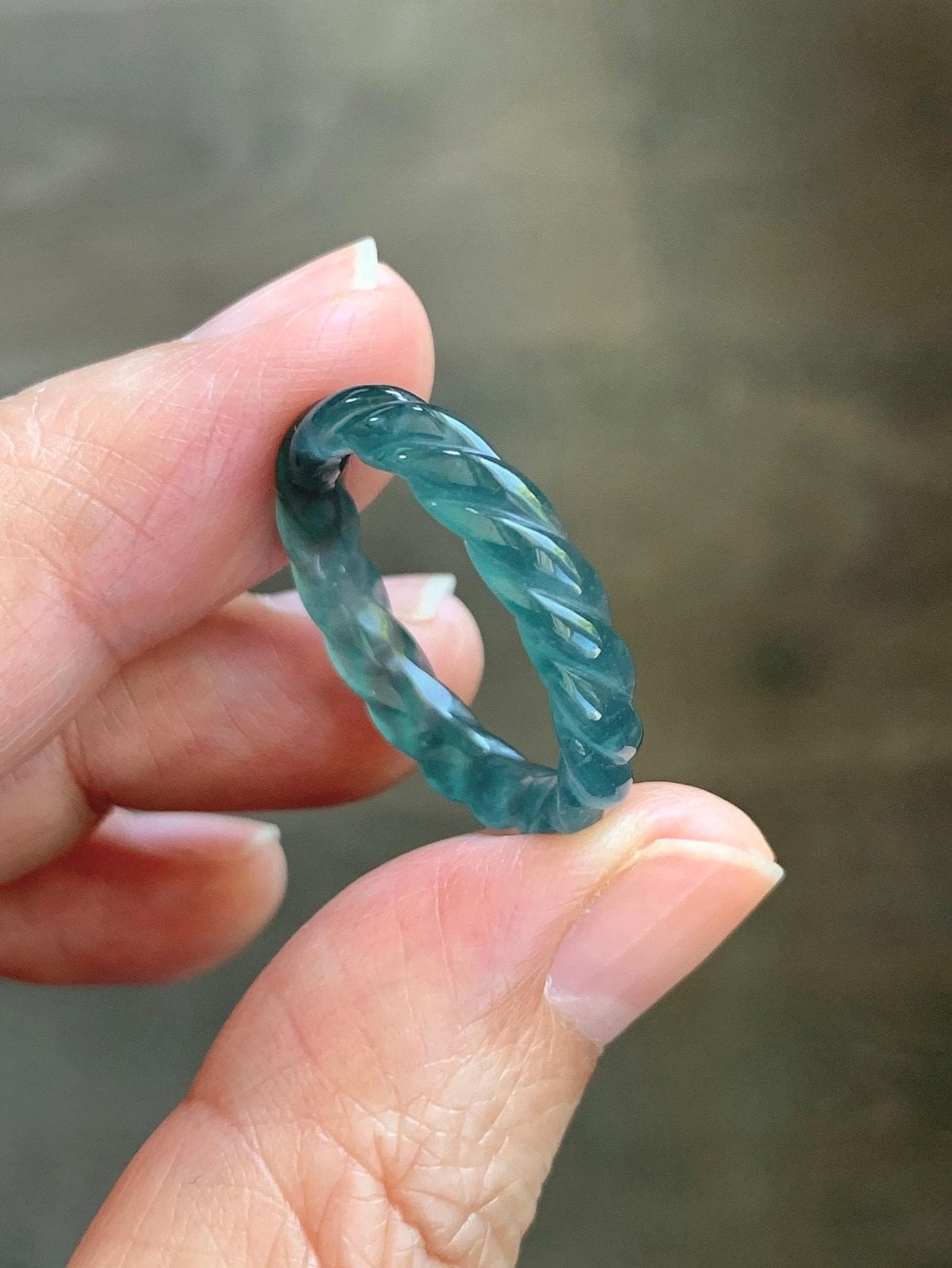 Natural Grade A Guatemalan Icy Translucent Gelatinous Dark Teal Blue Jade Jadeite Carved Braid Band Ring Size 8.5 US 天然冰胶危蓝水翡翠麻花戒圈 WMH350F