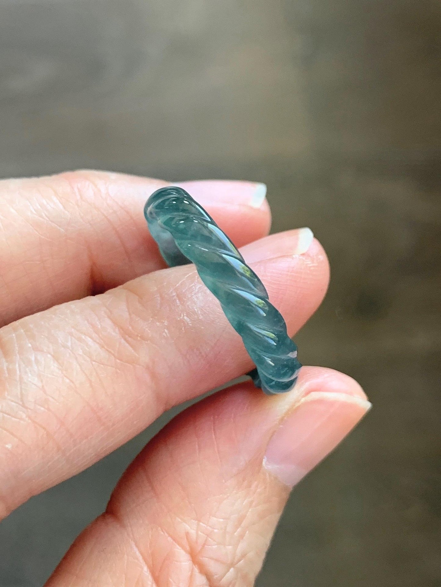 Natural Grade A Guatemalan Icy Translucent Gelatinous Dark Teal Blue Jade Jadeite Carved Braid Band Ring Size 8.5 US 天然冰胶危蓝水翡翠麻花戒圈 WMH350F