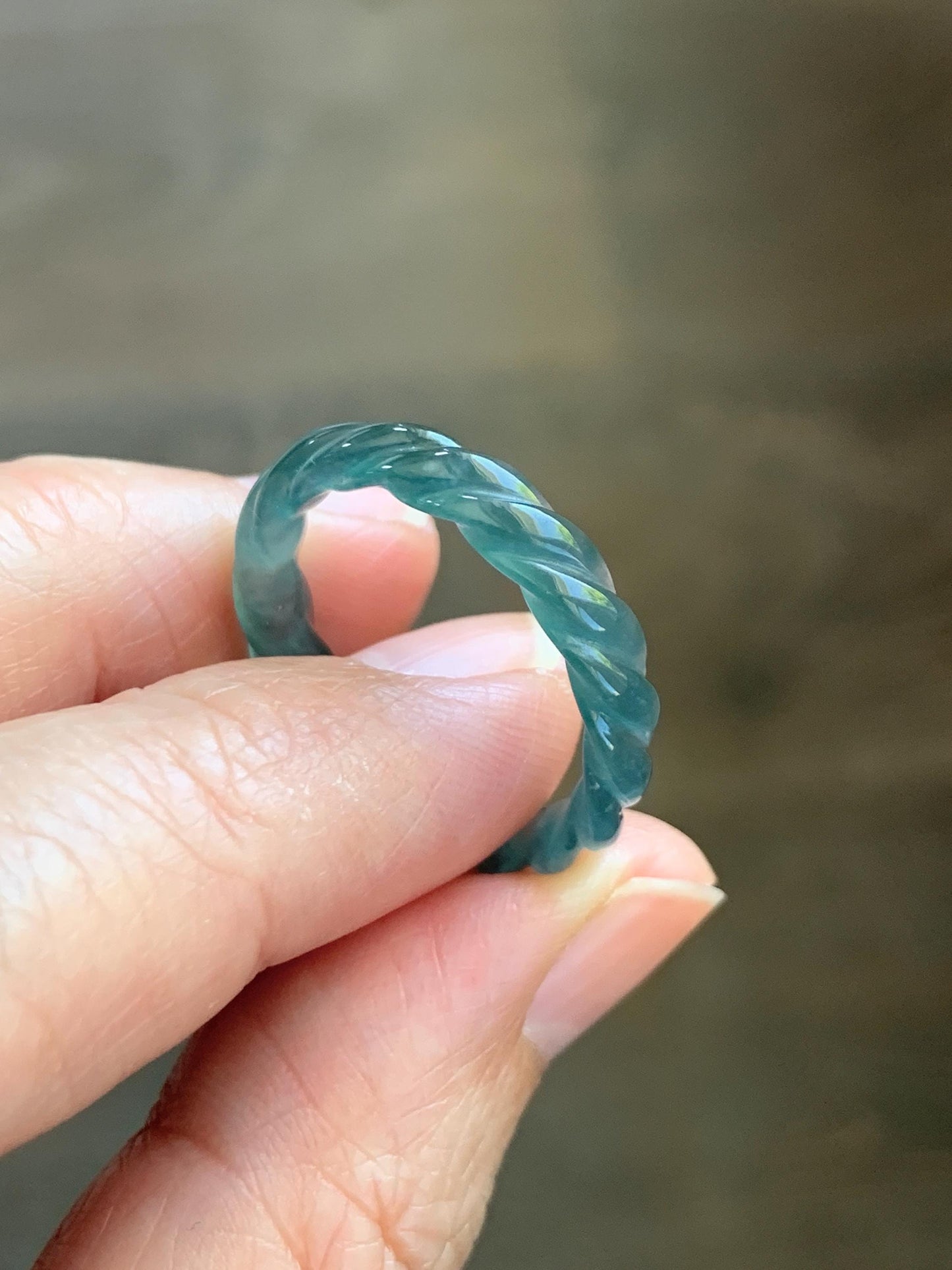 Natural Grade A Guatemalan Icy Translucent Gelatinous Dark Teal Blue Jade Jadeite Carved Braid Band Ring Size 8.5 US 天然冰胶危蓝水翡翠麻花戒圈 WMH350F