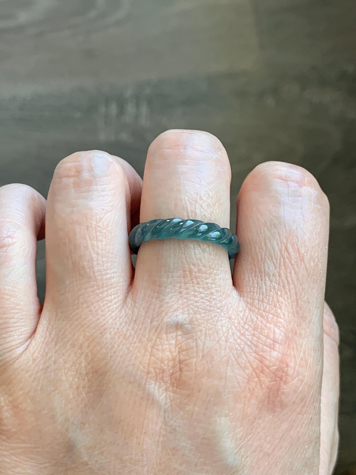 Natural Grade A Guatemalan Icy Translucent Gelatinous Dark Teal Blue Jade Jadeite Carved Braid Band Ring Size 8.5 US 天然冰胶危蓝水翡翠麻花戒圈 WMH350F