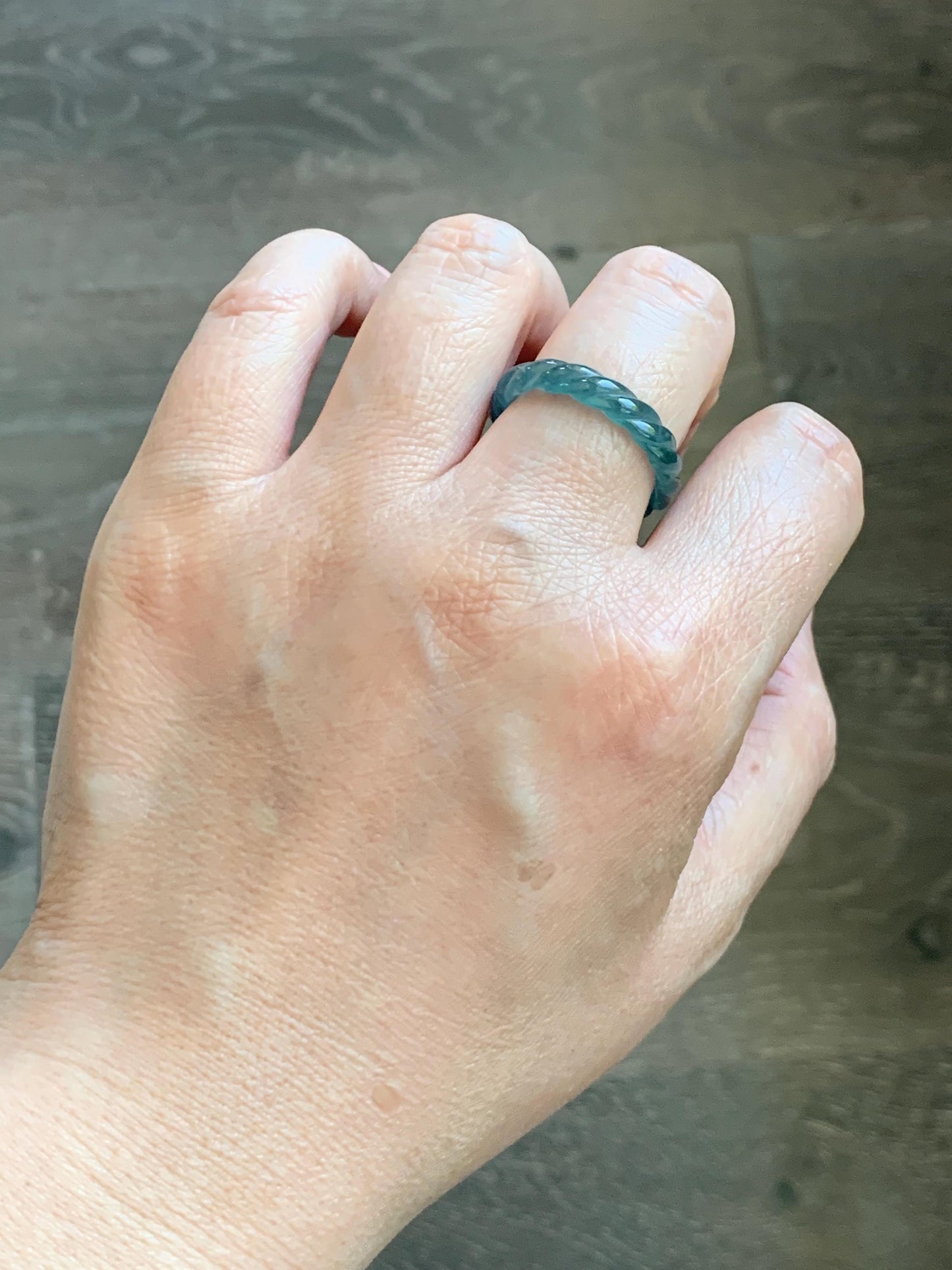 Natural Grade A Guatemalan Icy Translucent Gelatinous Dark Teal Blue Jade Jadeite Carved Braid Band Ring Size 8.5 US 天然冰胶危蓝水翡翠麻花戒圈 WMH350F