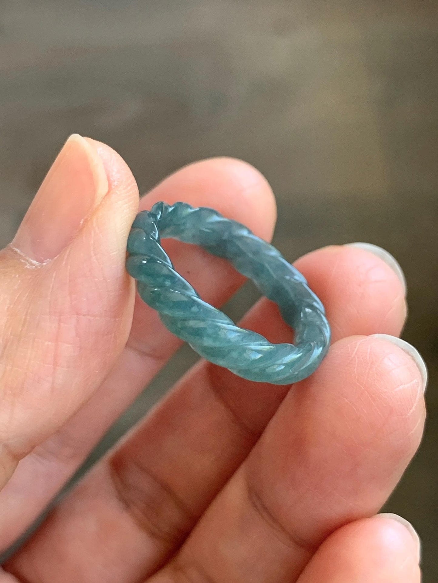Natural Grade A Guatemalan Icy Translucent Gelatinous Dark Teal Blue Jade Jadeite Carved Braid Band Ring Size 7 US 天然冰胶危蓝水翡翠麻花戒圈 WMH350E