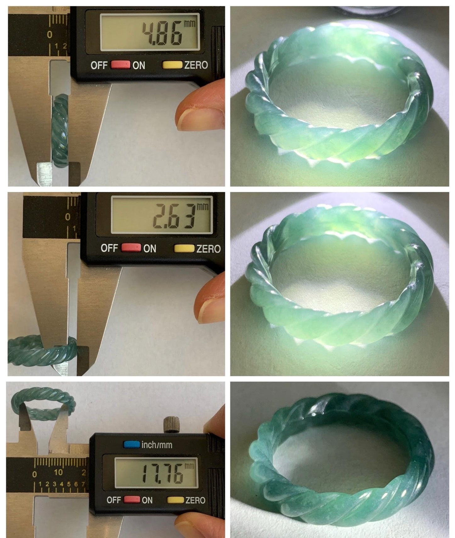 Natural Grade A Guatemalan Icy Translucent Gelatinous Dark Teal Blue Jade Jadeite Carved Braid Band Ring Size 7 US 天然冰胶危蓝水翡翠麻花戒圈 WMH350E