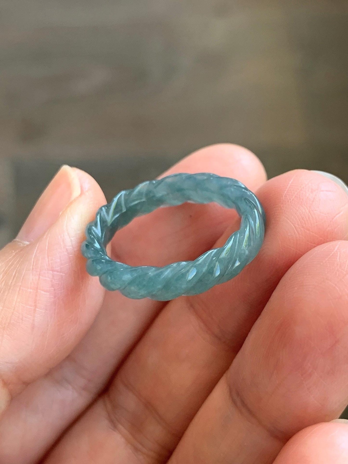 Natural Grade A Guatemalan Icy Translucent Gelatinous Dark Teal Blue Jade Jadeite Carved Braid Band Ring Size 7 US 天然冰胶危蓝水翡翠麻花戒圈 WMH350E