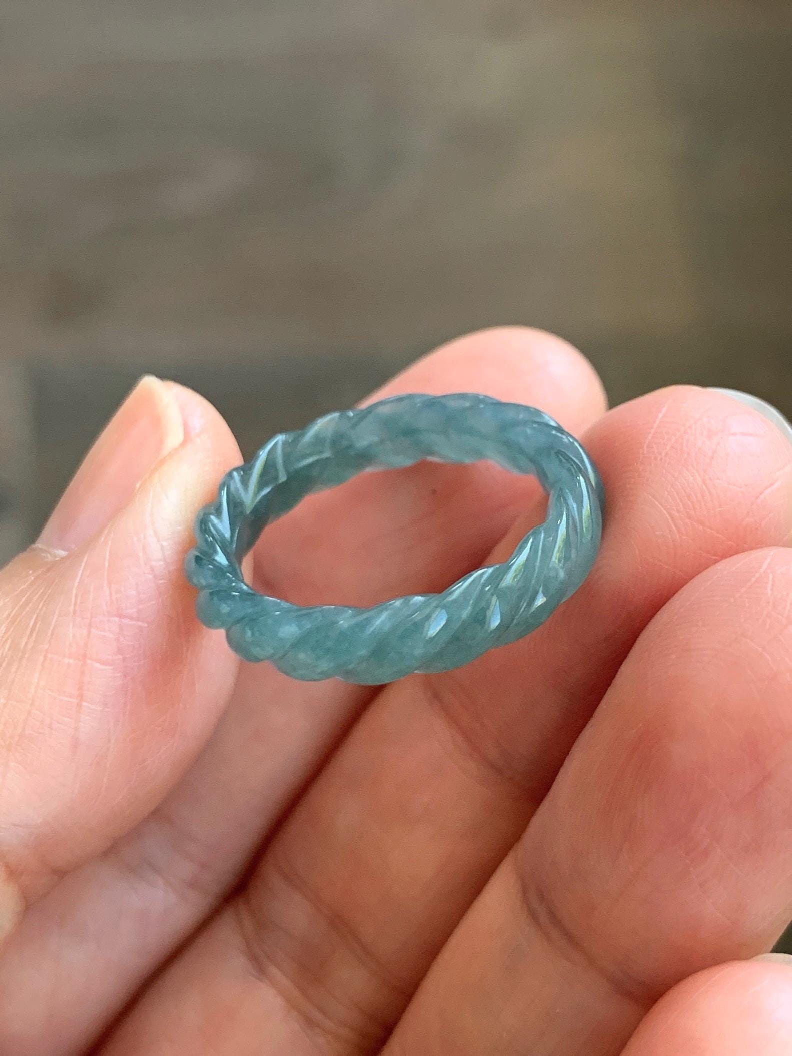 Natural Grade A Guatemalan Icy Translucent Gelatinous Dark Teal Blue Jade Jadeite Carved Braid Band Ring Size 7 US 天然冰胶危蓝水翡翠麻花戒圈 WMH350E