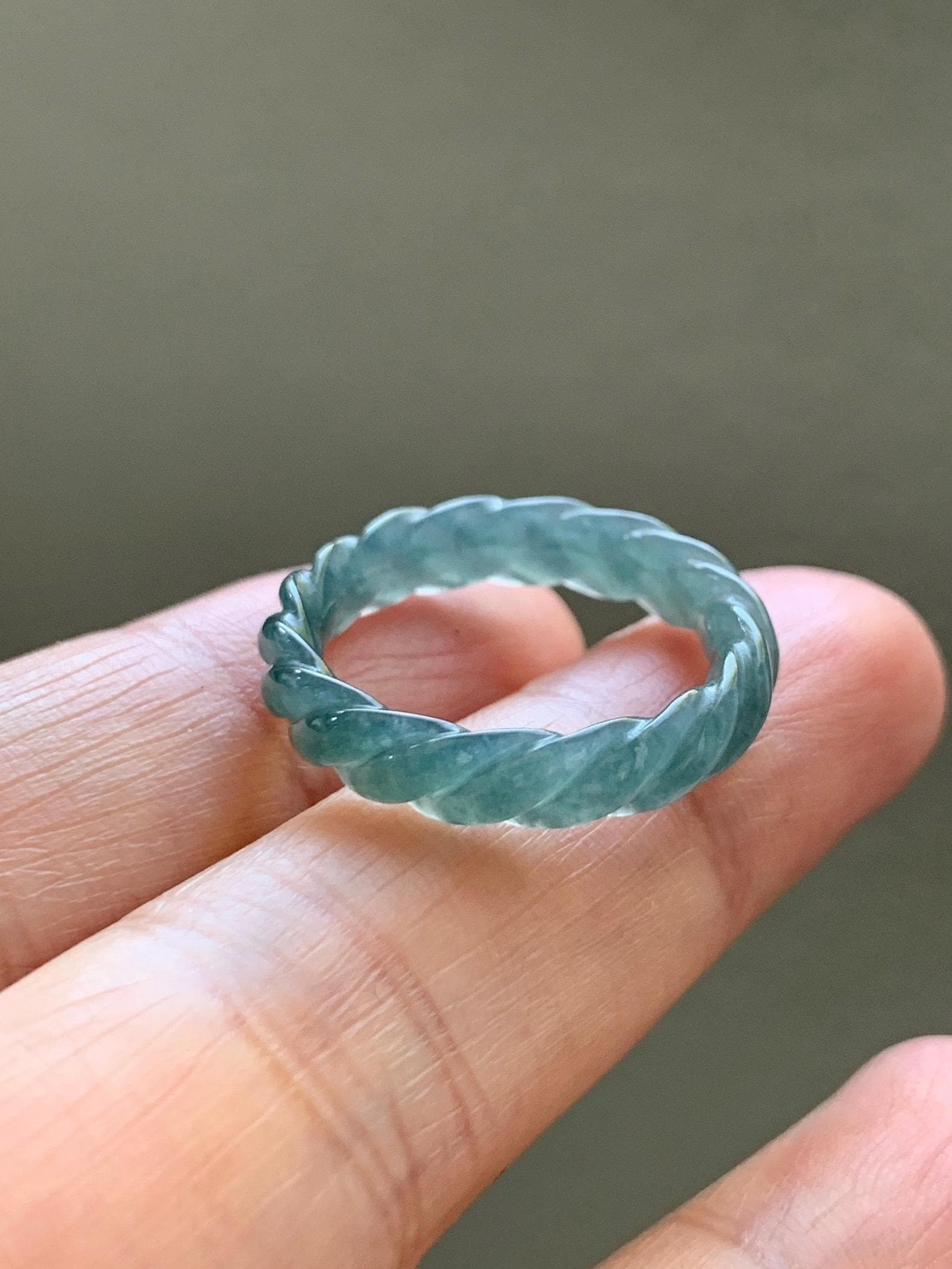 Natural Grade A Guatemalan Icy Translucent Gelatinous Dark Teal Blue Jade Jadeite Carved Braid Band Ring Size 7 US 天然冰胶危蓝水翡翠麻花戒圈 WMH350E