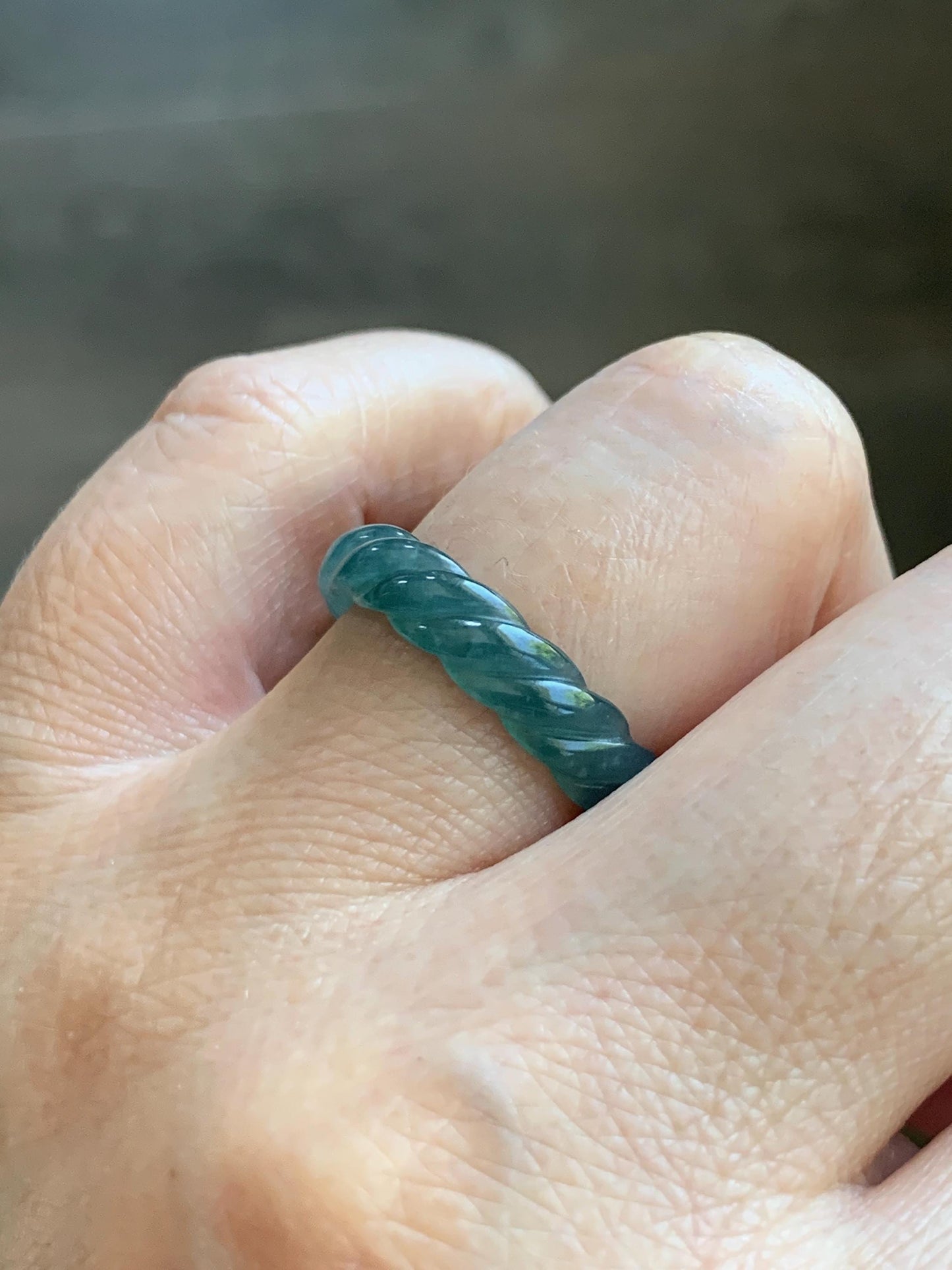 Natural Grade A Guatemalan Icy Translucent Gelatinous Dark Teal Blue Jade Jadeite Carved Braid Band Ring Size 7 US 天然冰胶危蓝水翡翠麻花戒圈 WMH350E