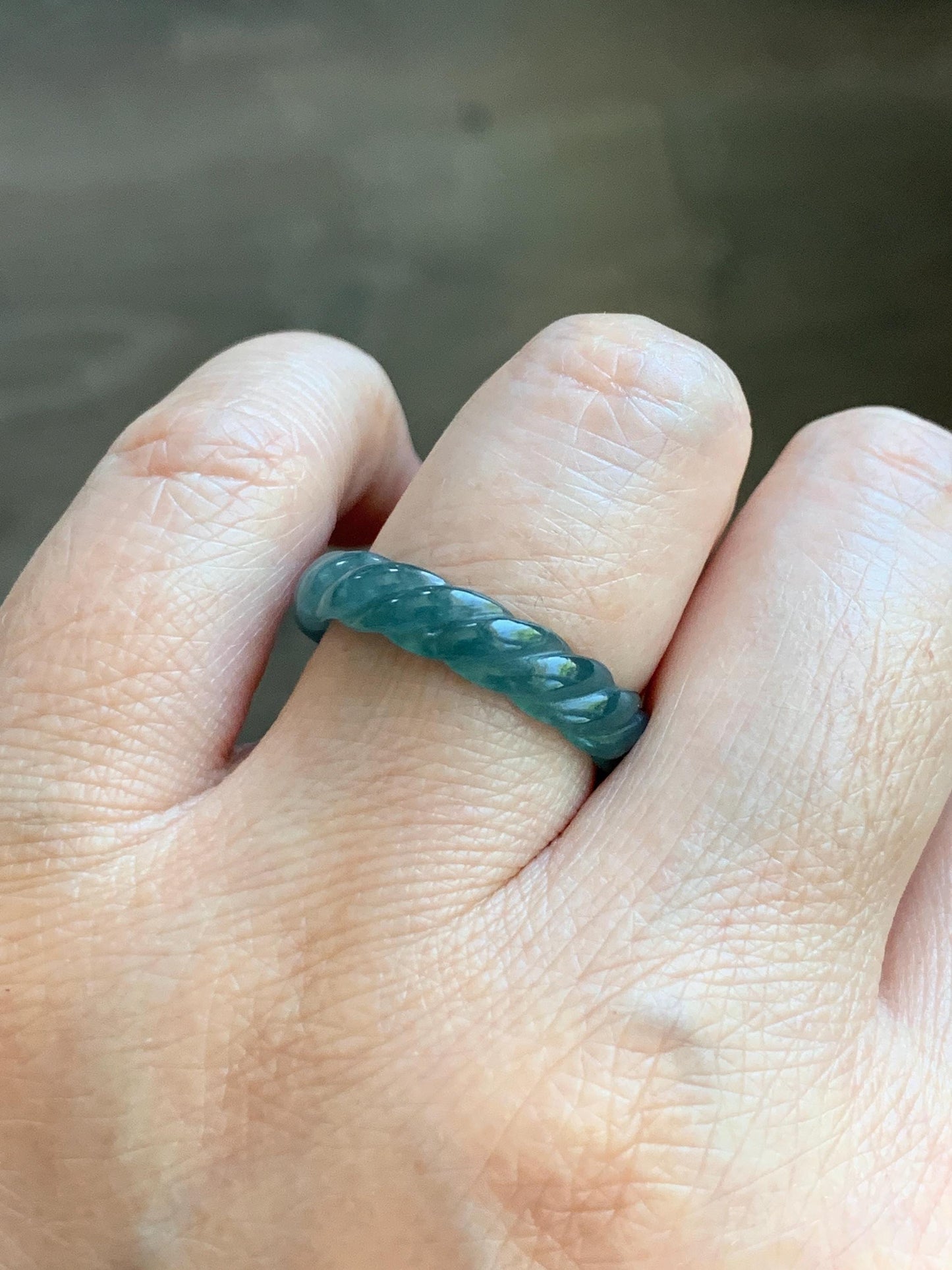 Natural Grade A Guatemalan Icy Translucent Gelatinous Dark Teal Blue Jade Jadeite Carved Braid Band Ring Size 7 US 天然冰胶危蓝水翡翠麻花戒圈 WMH350E