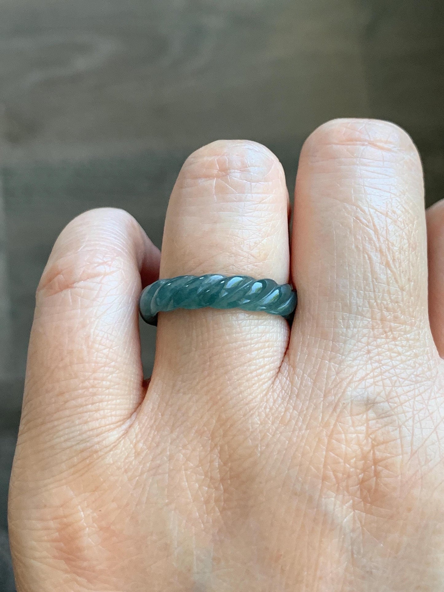 Natural Grade A Guatemalan Icy Translucent Gelatinous Dark Teal Blue Jade Jadeite Carved Braid Band Ring Size 7 US 天然冰胶危蓝水翡翠麻花戒圈 WMH350E
