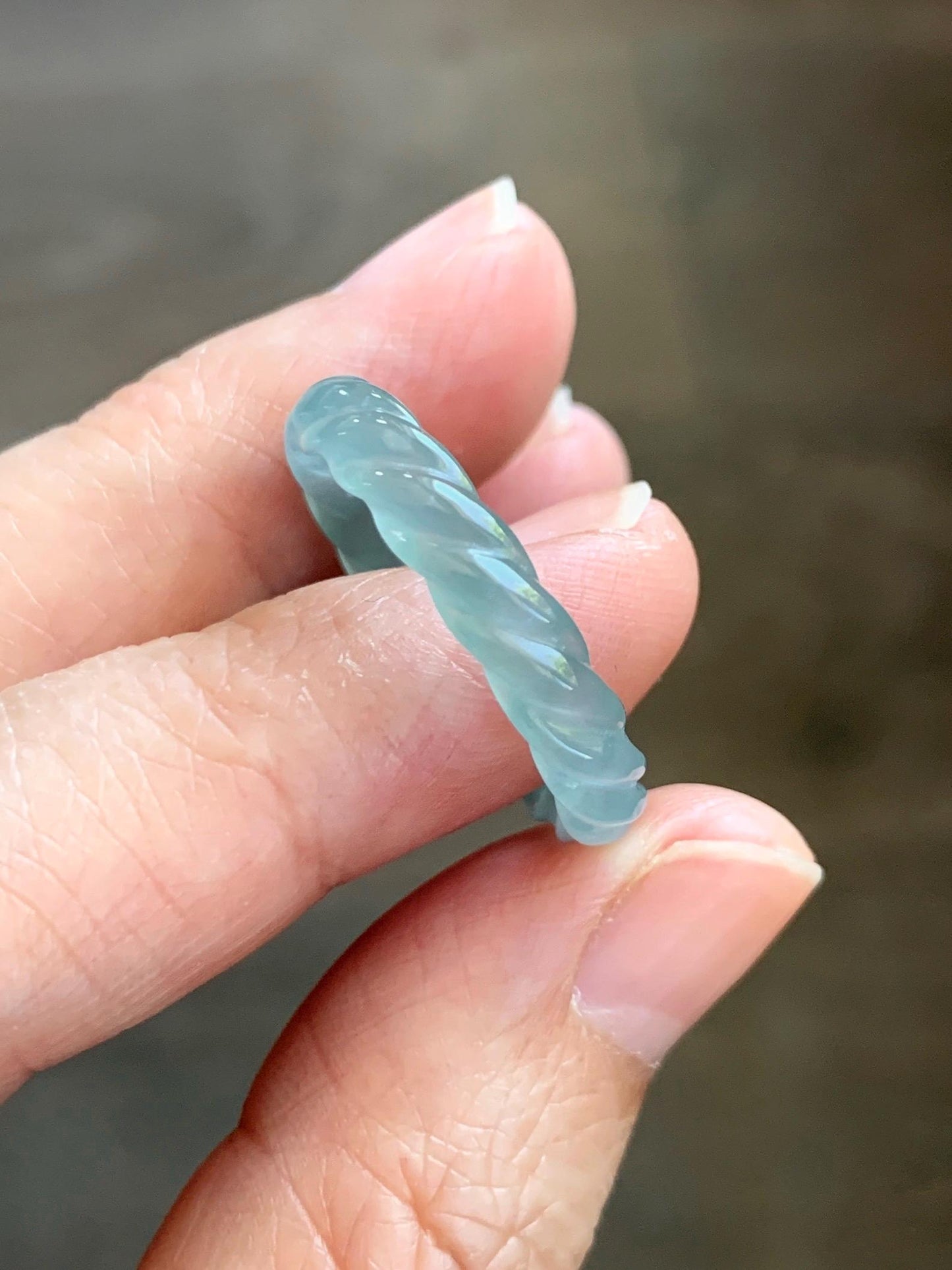 Natural Grade A Guatemalan Icy Highly Translucent Light Dusty Teal Jade Jadeite Carved Braid Band Ring Size 9.25 US 天然冰胶危浅蓝翡翠麻花戒圈 WMH350D