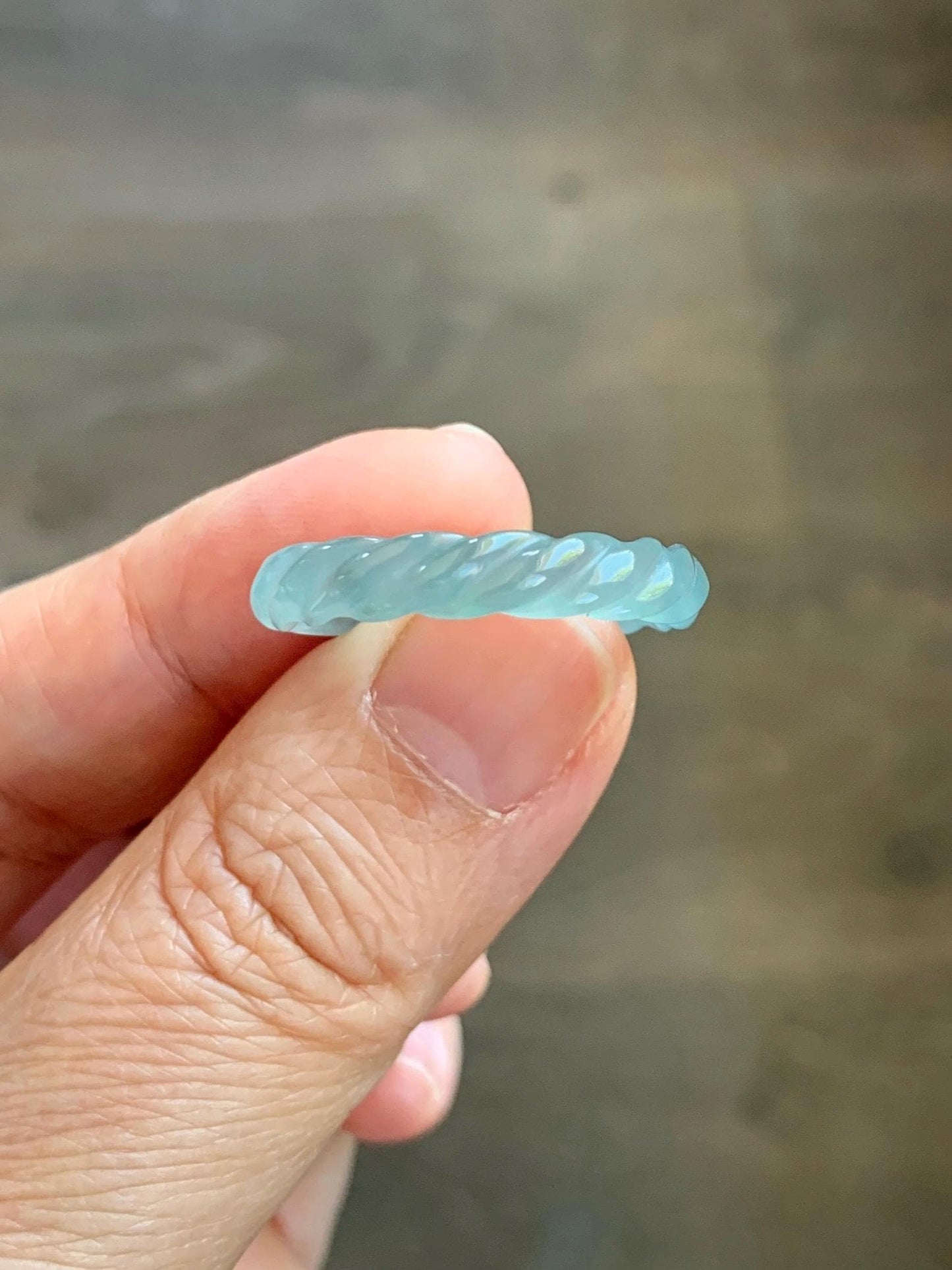 Natural Grade A Guatemalan Icy Highly Translucent Light Dusty Teal Jade Jadeite Carved Braid Band Ring Size 9.25 US 天然冰胶危浅蓝翡翠麻花戒圈 WMH350D