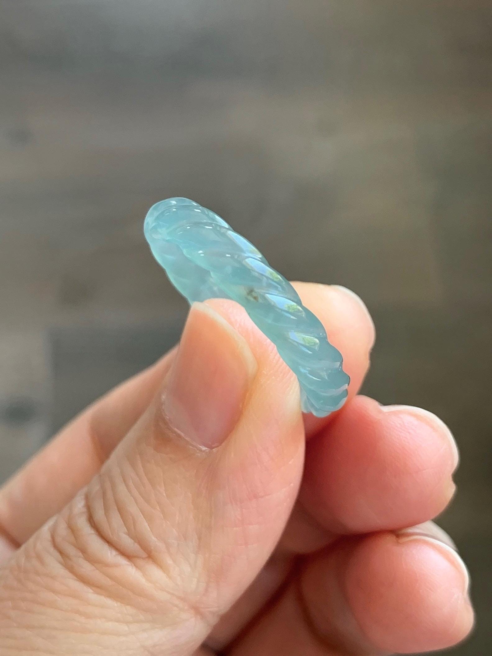 Natural Grade A Guatemalan Icy Highly Translucent Light Dusty Teal Jade Jadeite Carved Braid Band Ring Size 9.25 US 天然冰胶危浅蓝翡翠麻花戒圈 WMH350D