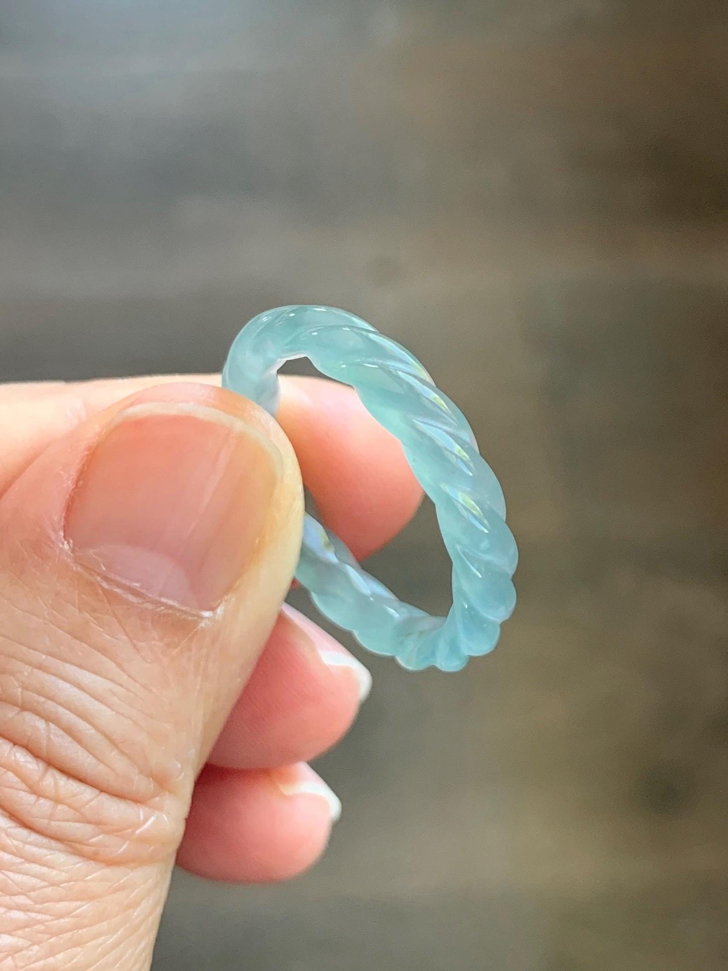 Natural Grade A Guatemalan Icy Highly Translucent Light Dusty Teal Jade Jadeite Carved Braid Band Ring Size 9.25 US 天然冰胶危浅蓝翡翠麻花戒圈 WMH350D