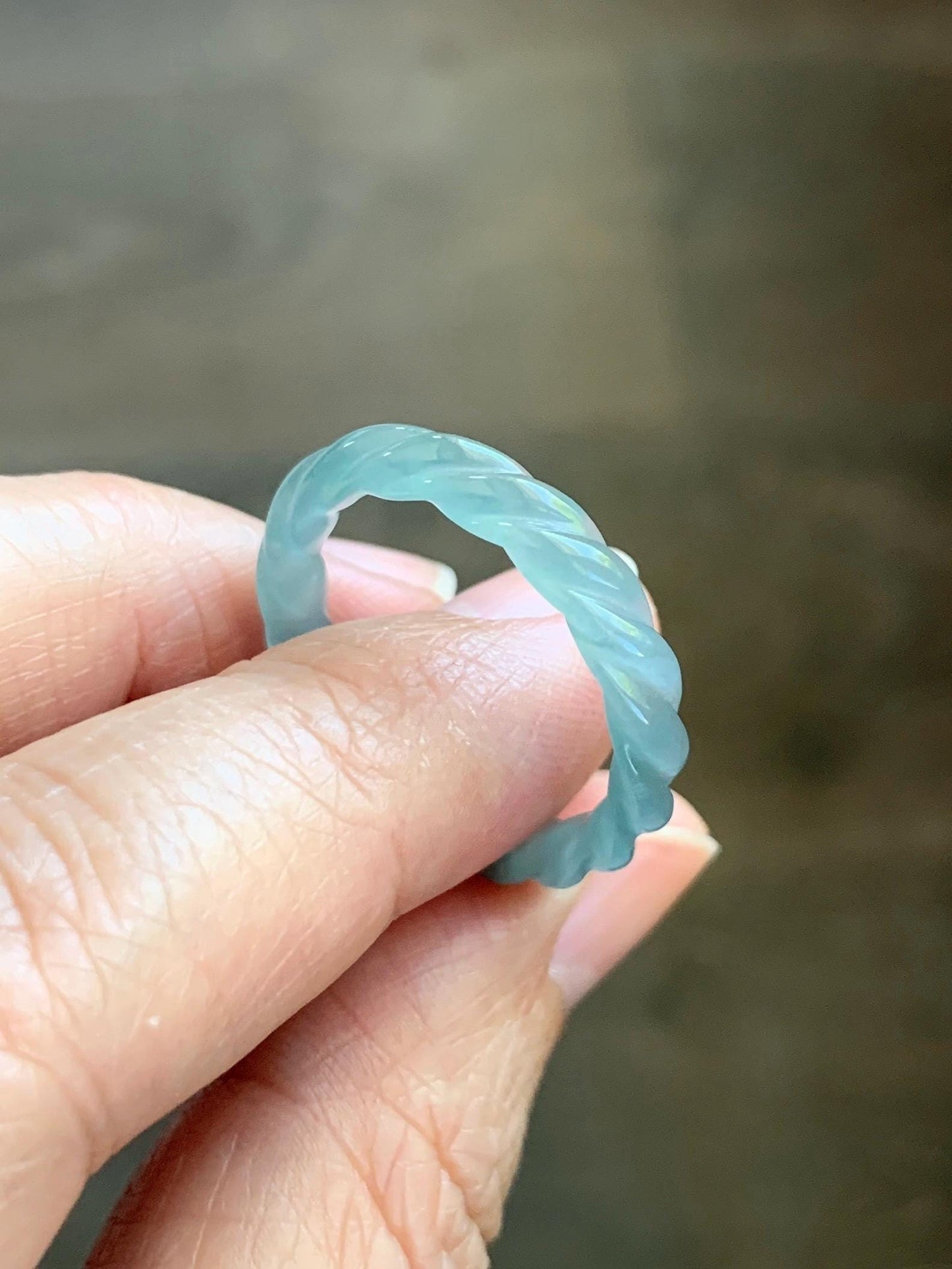 Natural Grade A Guatemalan Icy Highly Translucent Light Dusty Teal Jade Jadeite Carved Braid Band Ring Size 9.25 US 天然冰胶危浅蓝翡翠麻花戒圈 WMH350D